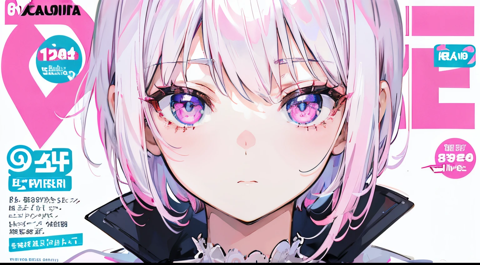 Pink woman with silver hair, Pink eyes, Very short hairstyle, hair clips, White background, pop magazine cover style, (masterpiece), (Best Quality, 8K, High resolution), Ultra-detailed, (Realistic), Vibrant colors