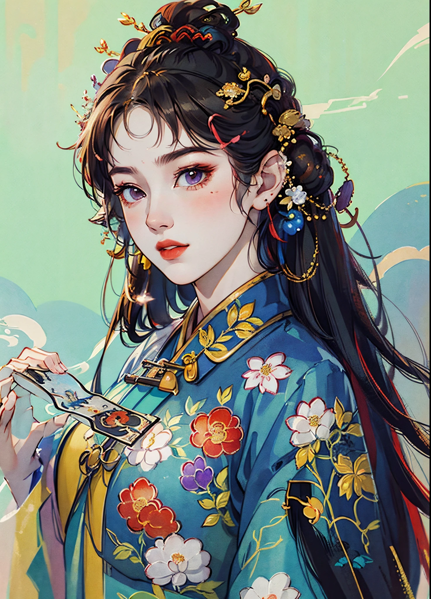 teens girl，Chinese clothing with red bean pattern，Red bean style hairpin，ancient wind，Clear face，Chinese pastel painting，tmasterpiece， super detailing， Epic composition， hyper HD， high qulity， extremely detaile， offcial art， Uniform 8k wallpaper， super detailing， 32k --auto --s2