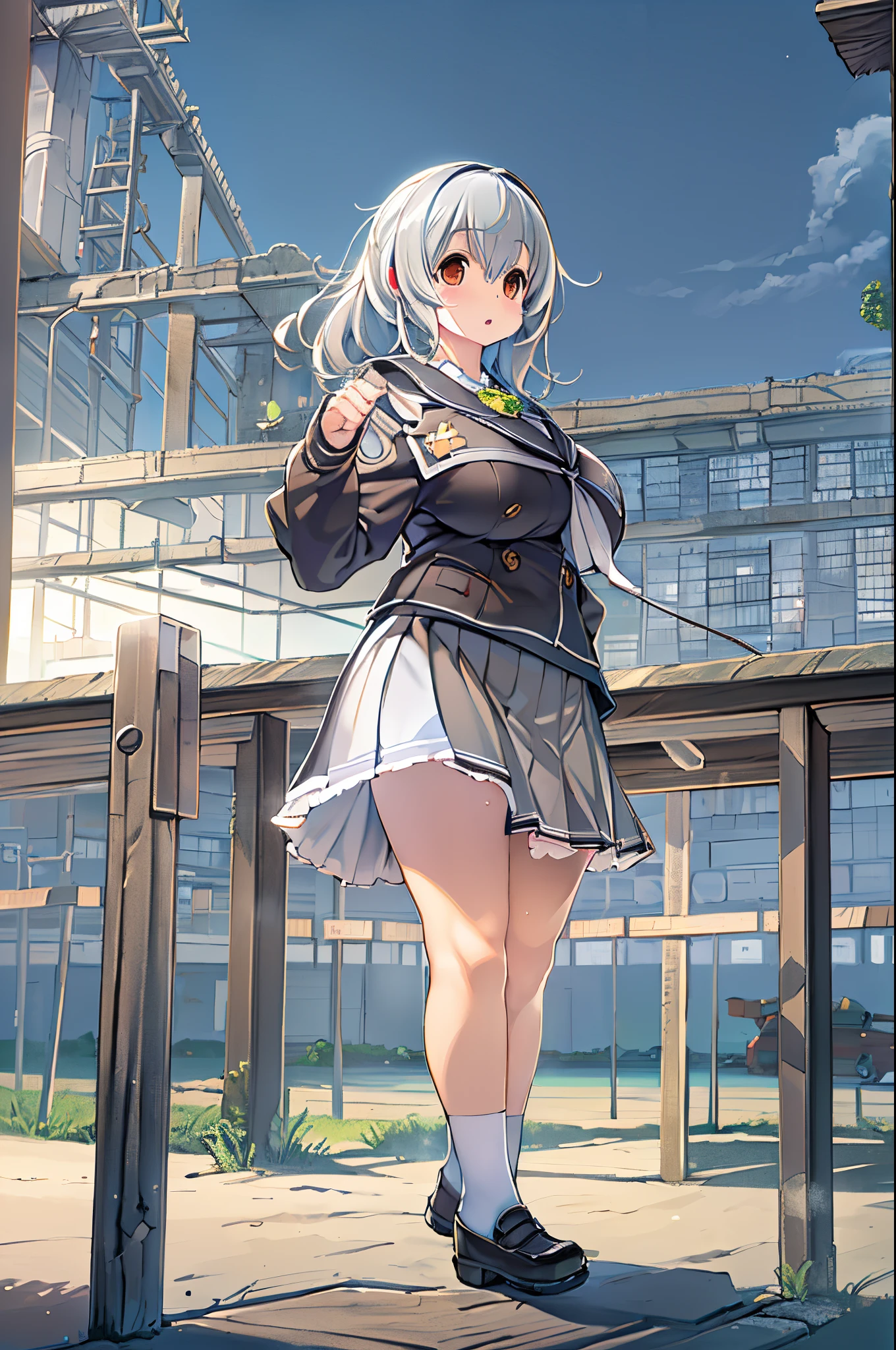 ((masutepiece)), ((Best Quality)), ((hight resolution)), ((the Extremely Detailed CG Unity 8K Wallpapers)), Solo, Tachibana plays, Tan School Uniform, Black skirt, White socks, Outdoors, Face, curtained hair, Beach, parted hair, Silver hair,huge-breasted