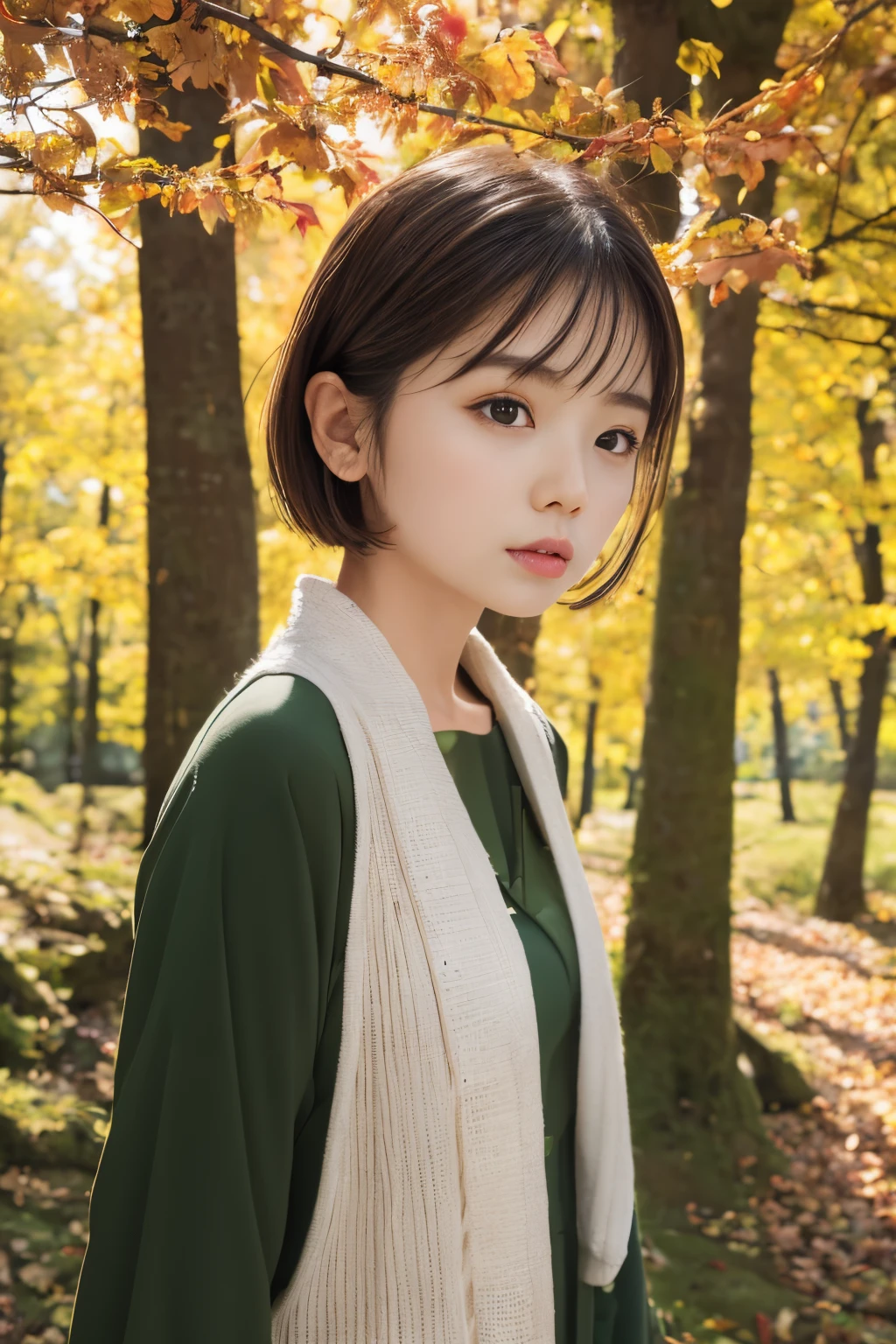 masuter piece、独奏、 woman、short-cut、Natural color clothing、Natural look、top-quality、ultra-detailliert、High quality detailing、８ｋ、Colored leaves:1.5、deep autumn forest、Tree leakage day、Silence