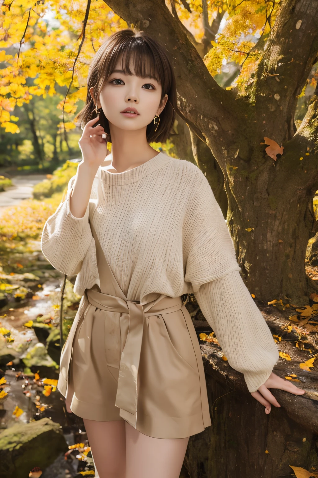 masuter piece、独奏、 woman、short-cut、Natural color clothing、Natural look、top-quality、ultra-detailliert、High quality detailing、８ｋ、Colored leaves:1.5、deep autumn forest、Tree leakage day、Silence