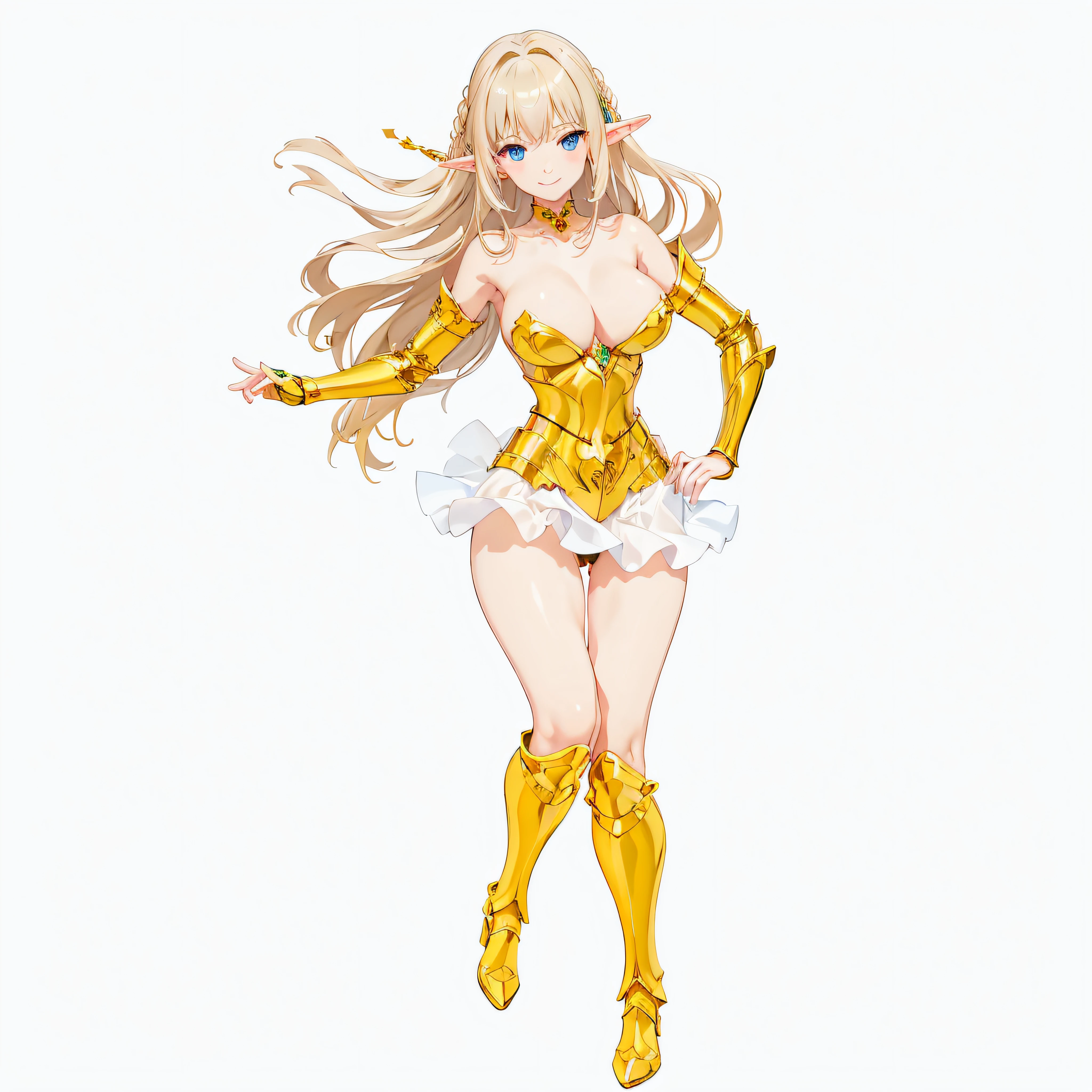 masterpiece、top-quality、ighly detailed、hight resolution、16k、fullnude、teats、Boob proportions、golden armour、Very thin skirt、Black pants、Full body like、Very white skin、Beautiful fingers、Anime girl with very big breasts posing naked、Perfect Style、elvish、no-bra、Blonde blue-eyed、A smile、An elf girl