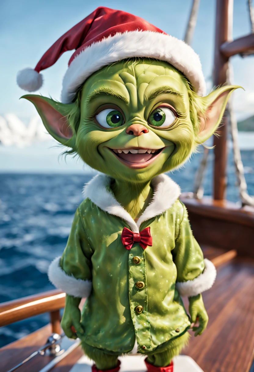 (fantastically beautiful  Grinch), (Huge expressive eyes), ((Happy smile)), in a Hawaiian shirt, In a Santa Claus hat,( On a yacht), The sea, letho, against the backdrop of nature, Fantasy art, Ultra-detailed, hyper realisitc, The Dark World, bokeh and shimmering dust, Christiandior, perfect lines, Precise detailing