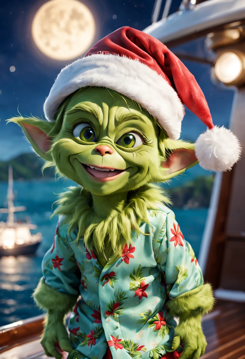 (fantastically beautiful baby Grinch), (Huge expressive eyes), ((Happy smile)), in a Hawaiian shirt, In a Santa Claus hat,( On a yacht), The sea, letho, against the backdrop of nature, Fantasy art, Ultra-detailed, hyper realisitc, The Dark World, bokeh and shimmering dust, Christiandior, perfect lines, Precise detailing
