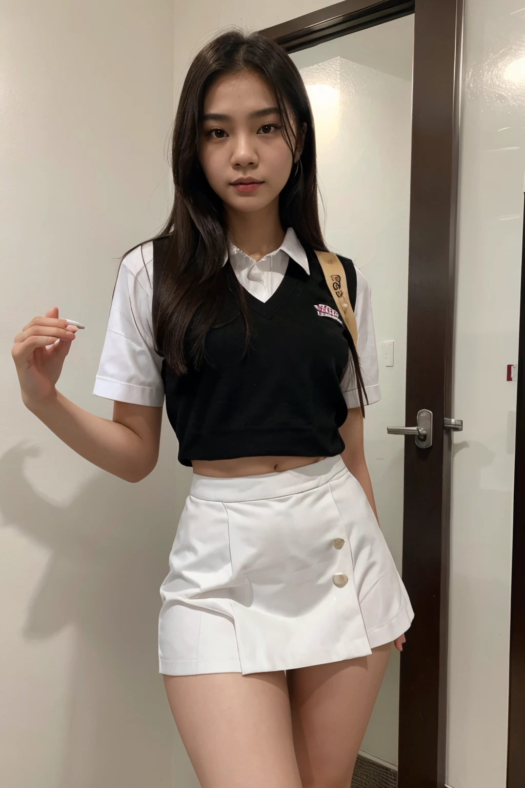 Thai woman, 18 years old, slender figure, white skin, dark hair, wearing a school uniform, sexy.