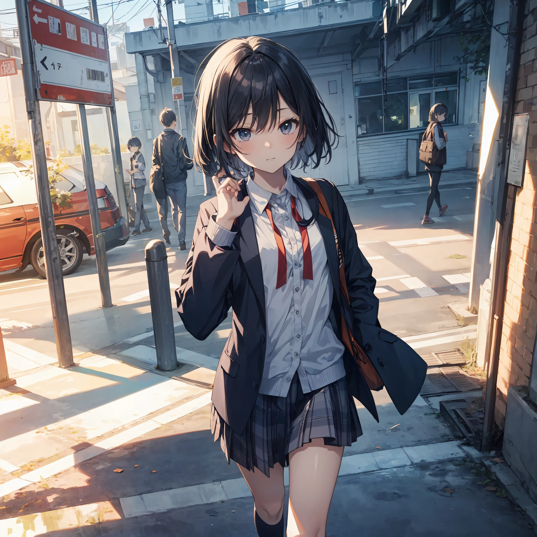 God quality, anime moe artstyle,best anime 8k konachan wallpaper,badass anime 8k,perfect anatomy, (Please draw a girl walking sleepily to school. ),break, 1girl, (Solo,Loli,child,13-year-old:1.3),a junior high school student, androgynous charm, (Very Short hair), Full limbs, complete fingers,flat chest, Small butt, groin, Small eyes,finely 8k detailed beautiful black eyes,disgusted eyes, school Uniform, in the School commute route. break,ultra-detailed,high resolution,super detailed skin, professional lighting, (cool illustration:1.2),