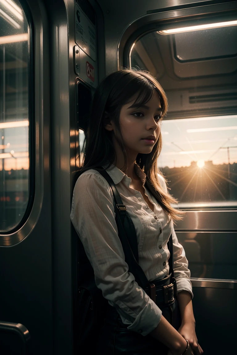 1 cute girl , in train, ((leaning)), looking away , cowboy shot , character focus, (cinematic angle), Dutch angle , cinematic lighting, sunset, high resolution ,(incredibly absurdres) ,extremely detailed CG unity 8k wallpaper, ((masterpiece)), ((top-quality)), (beautiful illustration), ((an extremely delicate and beautiful))
