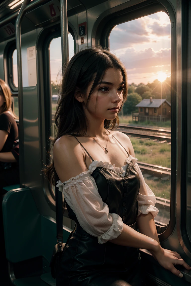 1 cute girl , in train, ((leaning)), looking away , cowboy shot , character focus, (cinematic angle), Dutch angle , cinematic lighting, sunset, high resolution ,(incredibly absurdres) ,extremely detailed CG unity 8k wallpaper, ((masterpiece)), ((top-quality)), (beautiful illustration), ((an extremely delicate and beautiful))