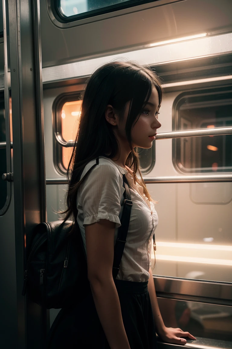 1 cute girl , in train, ((leaning)), looking away , cowboy shot , character focus, (cinematic angle), Dutch angle , cinematic lighting, sunset, high resolution ,(incredibly absurdres) ,extremely detailed CG unity 8k wallpaper, ((masterpiece)), ((top-quality)), (beautiful illustration), ((an extremely delicate and beautiful))