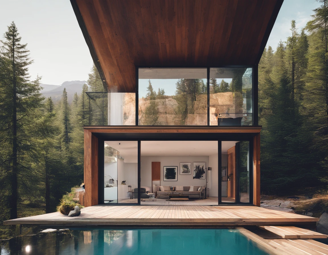 Exterior image of a tiny house house in a Scandinavian nature, (((standing wood and glass mirror panels))), avantgarde, sci-fi, science fiction, waterfall, panorama glass windows, forests, waterfall inside atrium, rocks, futuristic, floating, modern, solar panel roof, natural pond of water,