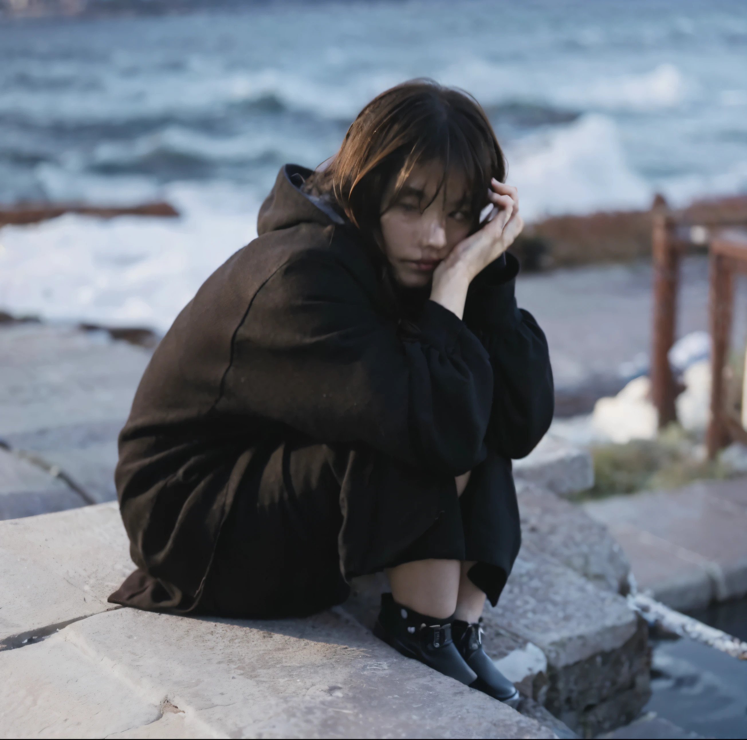 There was a woman sitting on a ledge by the water, Beautiful lonely girl, Depressed girl portrait, black haired girl wearing hoodie, Meditation on loneliness, Portrait of a suicidal girl, sat on the ground, a lonely woman, sea of sadness, loneliness and sadness, with a sad expression, looks sad and solemn, sadness and loneliness, Girl in hoodie