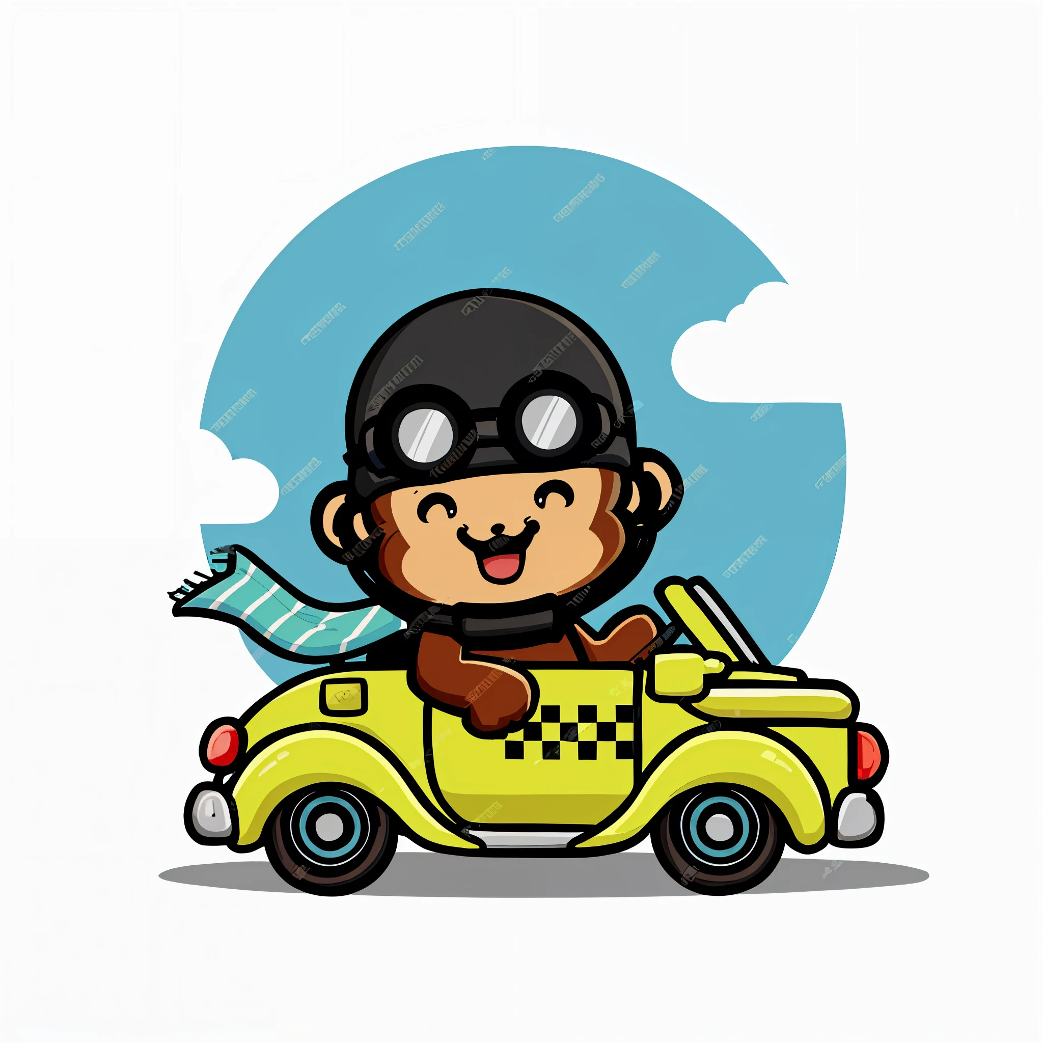 cartoon monkey driving a green car with a flag on the roof, the creature sits in a car, driving a car, mascot illustration, monkey, humanoid monkey fantasy race, 2d, 2 d, driving, cartoon style illustration, high quality illustration, cute cartoon character, vehicle illustration, happy, svg illustration, 🚿🗝📝