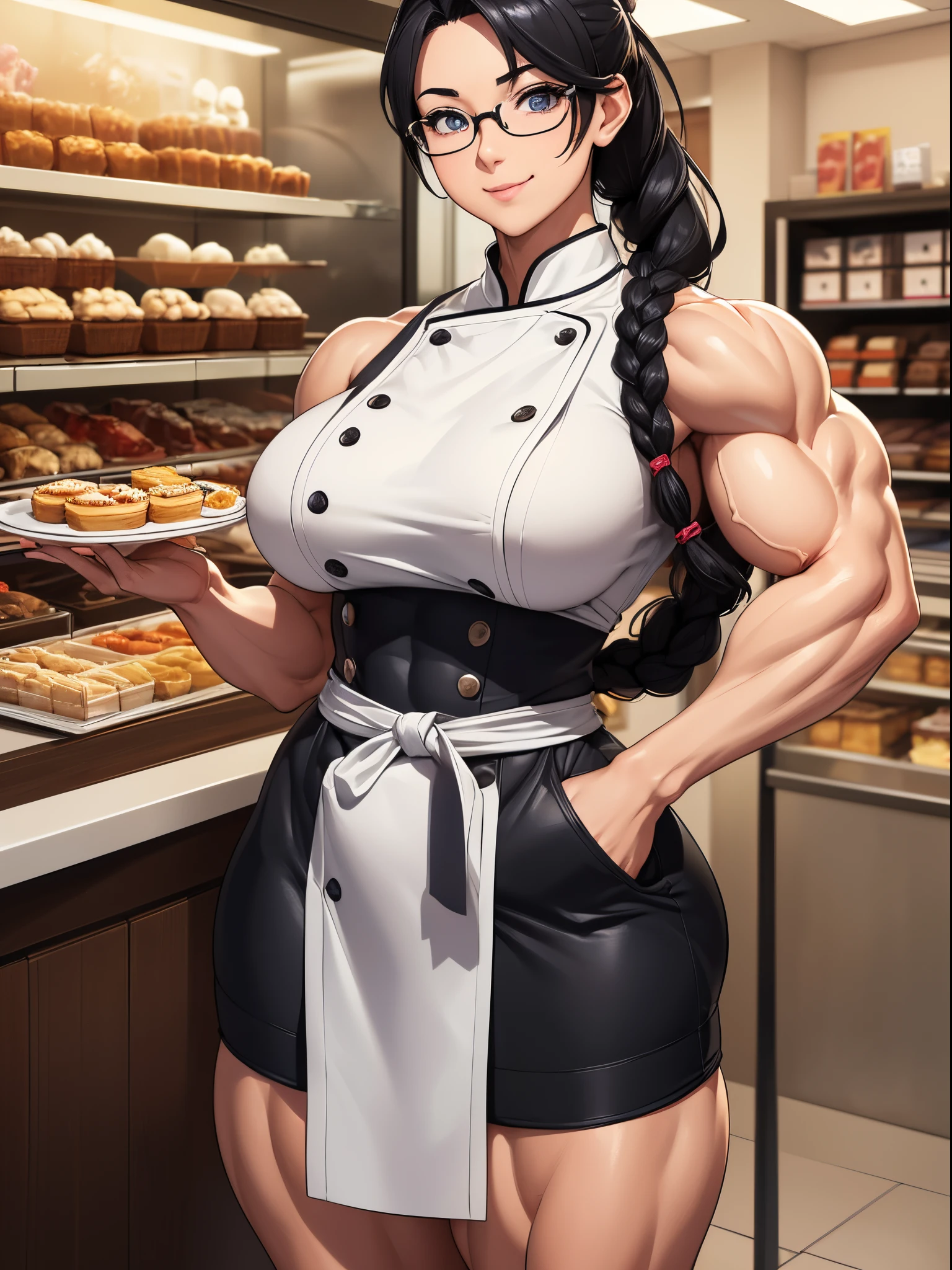 Transcendent beauty illustration、Beautiful adult woman,Japan anime game style,street fighter2Nash'female statue,((Muscular beauty :1.5))、8K,Black hair,Huge braid ponytail,Ahoge,Cook's Clothes、chef's hat,Silver-rimmed glasses,sweety Smile 、(A hyper-realistic), (Illustration), (High resolution), (8K), (Very detailed), (Best Illustration), (Beautiful and detailed eyes), (Best Quality), (ultra-detailliert), (masuter piece),pastry chef makes sweets,Pastry shop,prosperous store,Stores with long lines,