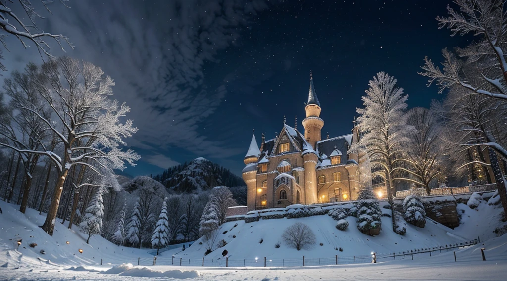 Imagine a breathtakingly beautiful castle nestled in a winter wonderland, surrounded by a pristine blanket of snow. The castle, with its towering spires and intricate architecture, glistens under the soft glow of moonlight. The surrounding landscape is adorned with snow-laden trees, and a gentle snowfall adds a serene and enchanting atmosphere. The scene is a picturesque blend of elegance and nature's winter charm, creating a truly magical and immersive experience.