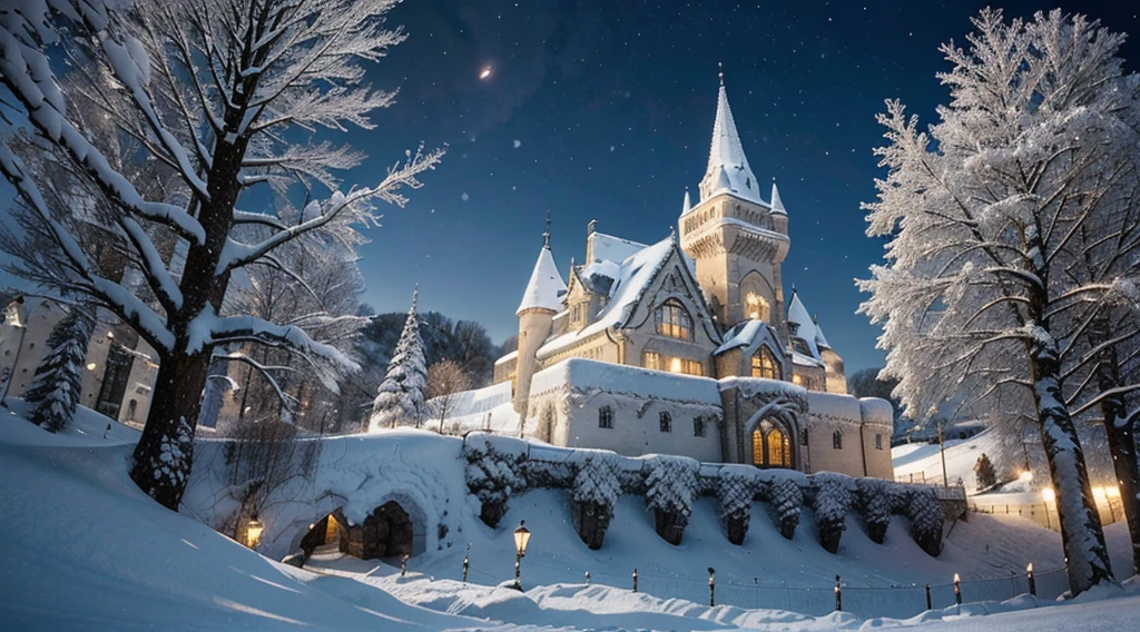 Imagine a breathtakingly beautiful castle nestled in a winter wonderland, surrounded by a pristine blanket of snow. The castle, with its towering spires and intricate architecture, glistens under the soft glow of moonlight. The surrounding landscape is adorned with snow-laden trees, and a gentle snowfall adds a serene and enchanting atmosphere. The scene is a picturesque blend of elegance and nature's winter charm, creating a truly magical and immersive experience.