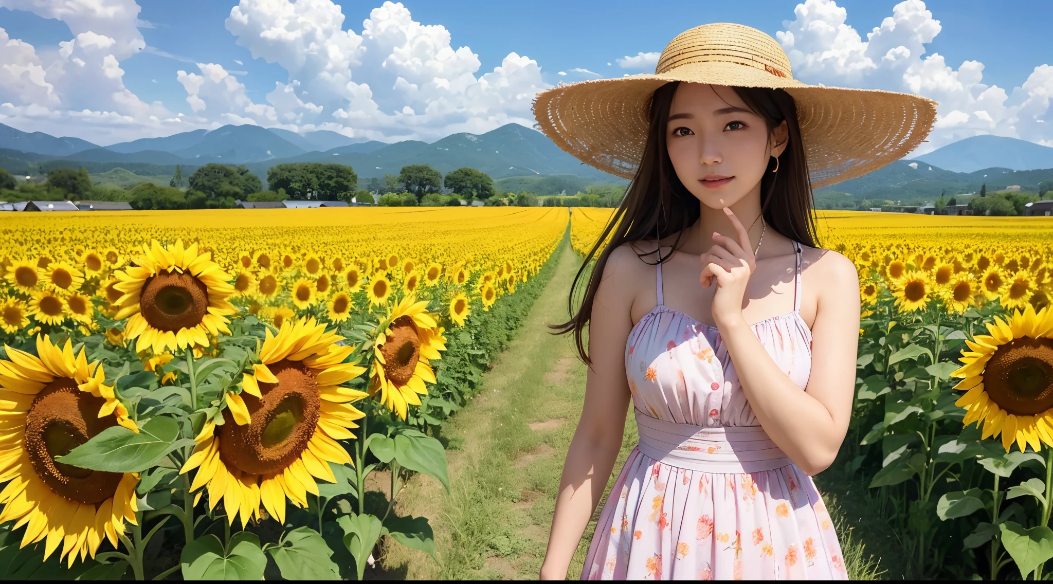 超A high resolution、An ultra-high picture quality、8K、Detailed details、marvelous expression、Takayama basin countryside、Sunflowers blooming on fallow land、There are so many flowers blooming that they fill the rice field..、A girl standing alone in the distance in a field of sunflowers、pink dress and straw hat、put your hand on your hat and look up、Wonderful blue sky without a cloud、