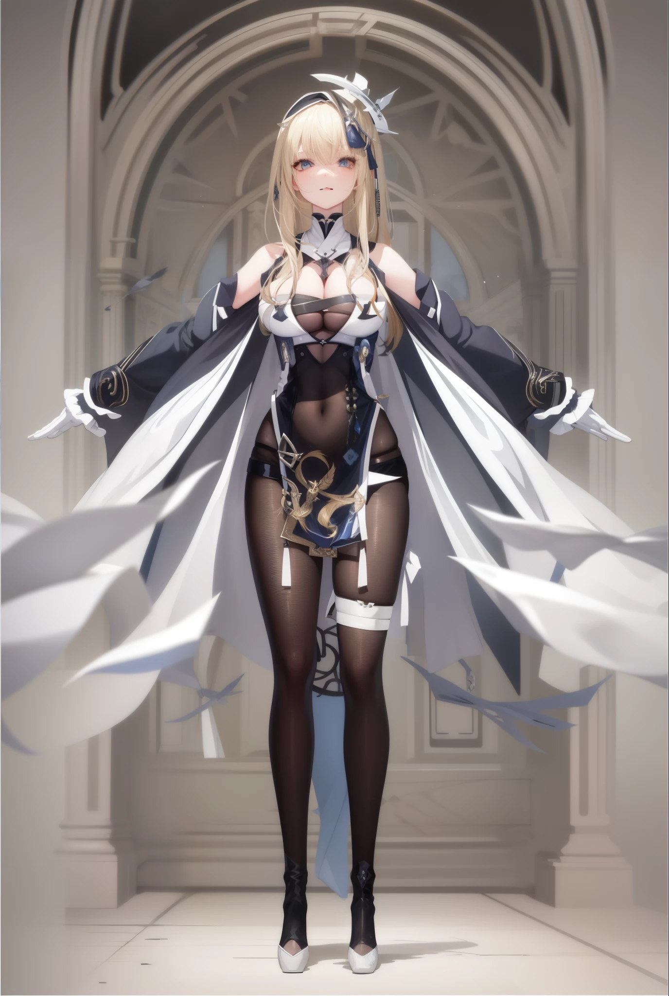 A woman in a short skirt and boots stands by the window，both hands on hip，，1 plump girl，blond hair blue eyes，mediuml breasts，Wear gloves at the elbows，mitts，Long gray hair，looking at viewert，，校服，footwear，Shokuhou Cape，a skirt，Alone，symbol shape student，upper legs，Tongue rest，Stick out her tongue，whitegloves，White shin guards，yellow eyes