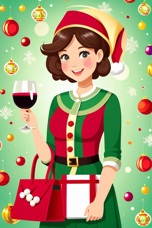In this lively colorful Christmas illustration, a charming cartoon girl holds a glass of wine and a bag of gifts, emanating joy into the holiday season. Under the skillful direction of Melissa Benson, senior artist, the caricature captures the festive essence with a touch of charm. O retrato de corpo inteiro, perfeito para foto de perfil, mostra a personagem segurando uma garrafa com graciosidade. Este desenho animado, repleto de presentes e estilo caricatural, celebra o Natal de forma cativante, becoming a lively and vibrant representation of the festive spirit.