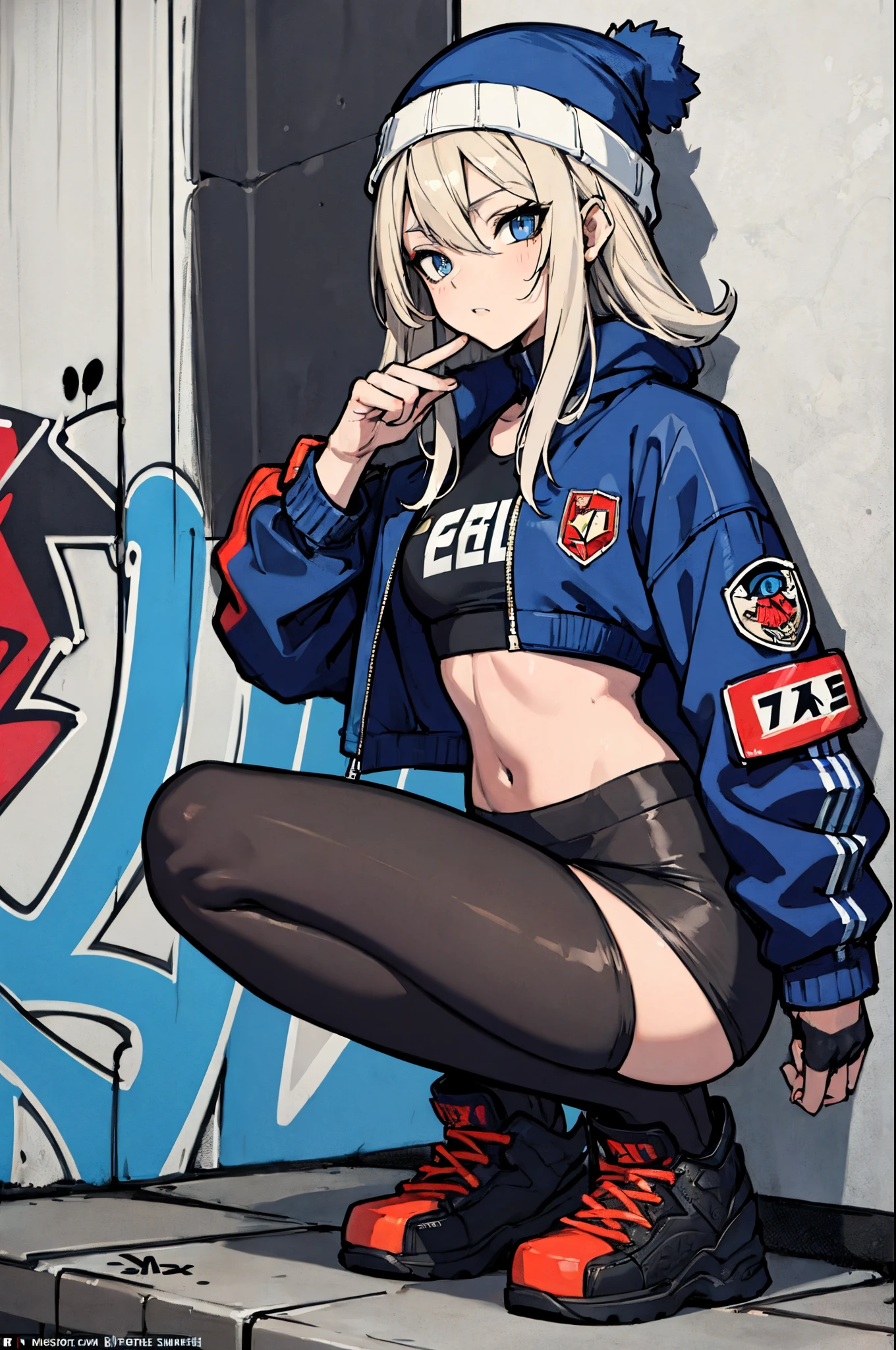 (masterpiece:1.2, best quality), (graffiti wall:1.15), 1lady, beanie, jacket, Leggings, blue eyes, fullbody,