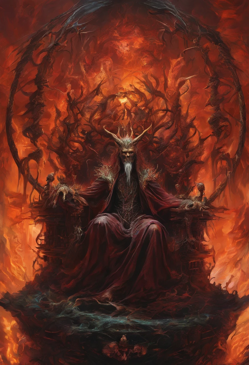 Lucifer in a mystical cage in hell, scary, epic, apocalypse, very detailed, Greg Rutkowski, Jesper Ejsing, Jean Ansell, Justin Gerard