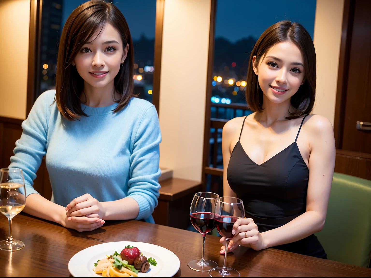 (64K, UHD, top quality, masterpiece: 1.2), (realistic, photorealistic: 1.37), super detailed, pretty woman 1 person, (slim face), (slim body), (brown hair), (short cut), cheeks slightly blushing, (44 years old), 38 years old, solo, beautiful detailed urban night view outside the window, restaurant, wine glasses sit, at night, in a prominent placeNovaFrogStyle, Actress, Model, Waist Up, White Wine, Slim, Wine Glass, Super Clean Night View, Wine Glass Put in the Middle, Happy Smile, (Smile: 1.15), Beautiful Fine Eyes, Upper Body, Bust Japan Up, Night, Short, Short, Actress, Model, Waist Up, White Wine, Slim, Wine Glass, Super Clean Night View, Wine Glass Put in the Middle, Happy Smile,