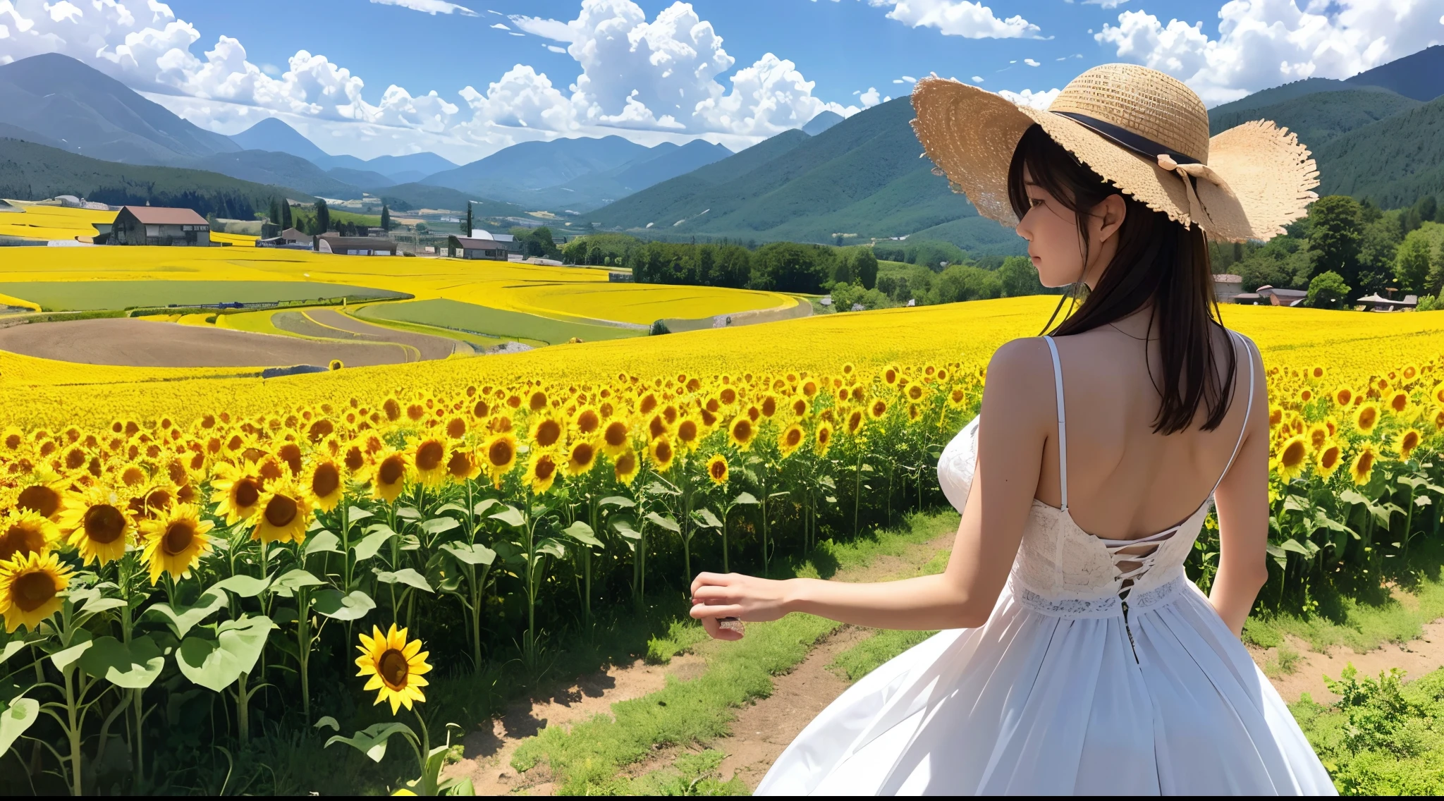 超A high resolution、An ultra-high picture quality、8K、Detailed details、marvelous expression、alpine basin countryside、Sunflowers blooming on fallow land、There are so many flowers blooming that they fill the rice field...、A girl standing alone in a sunflower field facing backwards、pink dress and straw hat、put your hand on the hat、Wonderful blue sky without a cloud、