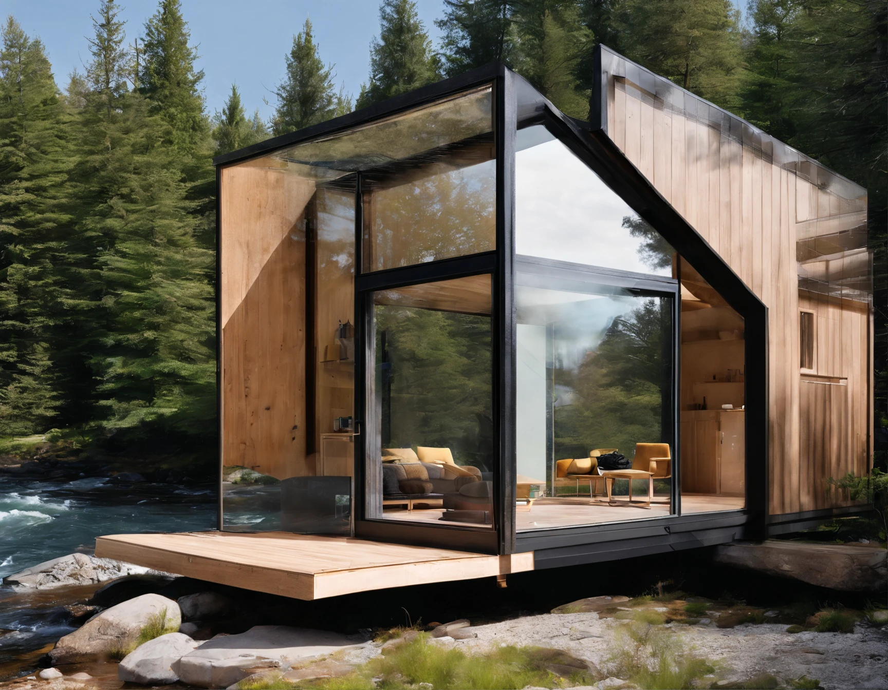 Exterior image of a tiny house house in a Scandinavian nature, (((standing wood and glass mirror panels))), avantgarde, sci-fi, science fiction, waterfall, panorama glass windows, forests, waterfall inside atrium, rocks, futuristic, floating, modern, solar panel roof, natural pond of water,