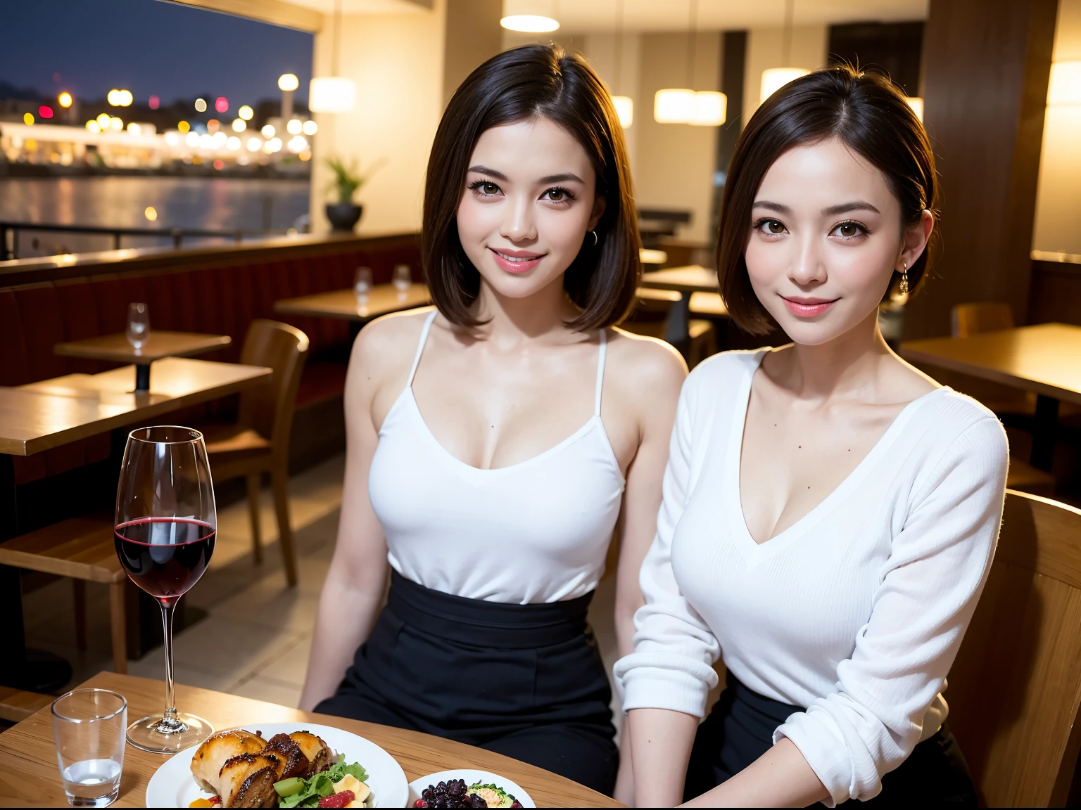 (64K, UHD, top quality, masterpiece: 1.2), (realistic, photorealistic: 1.37), super detailed, pretty woman 1 person, (slim face), (slim body), (brown hair), (short cut), cheeks slightly blushing, (44 years old), 38 years old, solo, beautiful detailed urban night view outside the window, restaurant, wine glasses sit, at night, in a prominent placeNovaFrogStyle, Actress, Model, Waist Up, White Wine, Slim, Wine Glass, Super Clean Night View, Wine Glass Put in the Middle, Happy Smile, (Smile: 1.15), Beautiful Fine Eyes, Upper Body, Bust Japan Up, Night, Short, Short, Actress, Model, Waist Up, White Wine, Slim, Wine Glass, Super Clean Night View, Wine Glass Put in the Middle, Happy Smile,