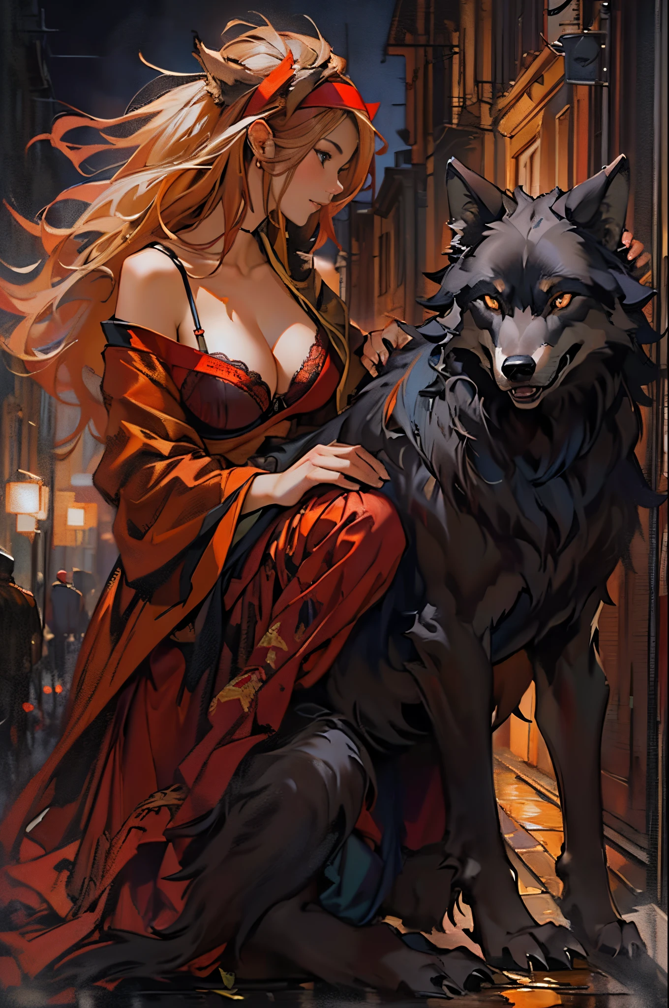 Depicts a powerful werewolf hugging a blonde girl，(((black humanoid wolf)))，(((Black furry humanoid wolf)))，(((beautiful sexy girl)))，(((Girls wear：red head band, cloaks, Large bra, a skirt, red long skirt，laced dress)))，((Sexual suggestiveness))，Correct anatomy，Detailed faces, 詳細な目，(((the right proportions)))，The city at night，The lights came on，romantic love story，Warm pictures，Warm color palette，(post impressionist),(Fechin Oil Painting - Fechin Oil Painting , oil painted), 002