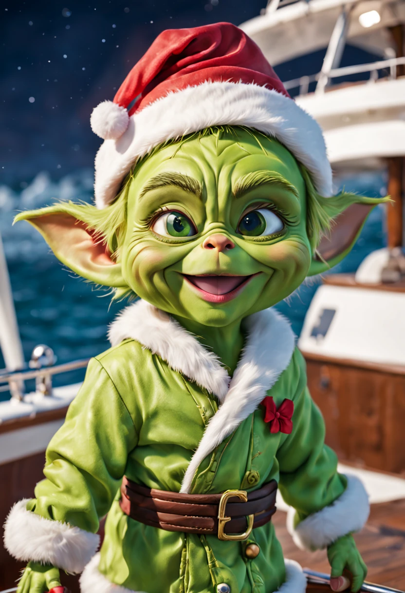 (fantastically beautiful baby Grinch), (Huge expressive eyes), ((Happy smile)), in a Hawaiian shirt, In a Santa Claus hat,(( On a yacht)), lollipop in hand, The sea, letho, against the backdrop of nature, Fantasy art, Ultra-detailed, hyper realisitc, The Dark World, bokeh and shimmering dust, Christiandior, perfect lines, Precise detailing