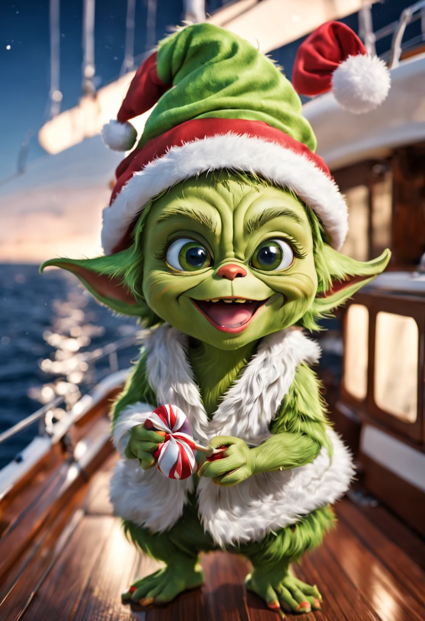 (fantastically beautiful baby Grinch), (Huge expressive eyes), ((Happy smile)), in a Hawaiian shirt, In a Santa Claus hat,(( On a yacht)), lollipop in hand, The sea, letho, against the backdrop of nature, Fantasy art, Ultra-detailed, hyper realisitc, The Dark World, bokeh and shimmering dust, Christiandior, perfect lines, Precise detailing