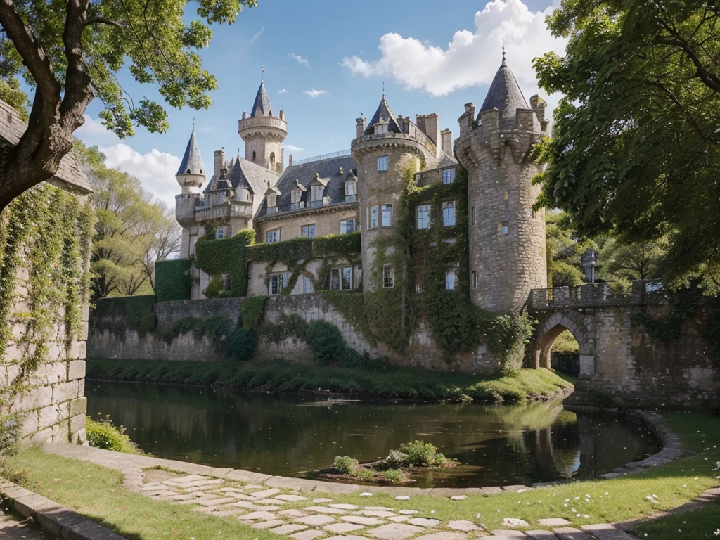 Visualize a majestic castle emerging into the vibrant embrace of spring. The architecture is adorned with blossoming flowers, and ivy begins to reclaim the stone walls. The surrounding landscape is alive with lush greenery, and a gentle breeze carries the sweet scent of blooming flowers. The moat reflects the clear blue sky, and the castle stands as a harmonious blend of regality and the renewal of life, capturing the spirit of a castle awakening with the arrival of spring.