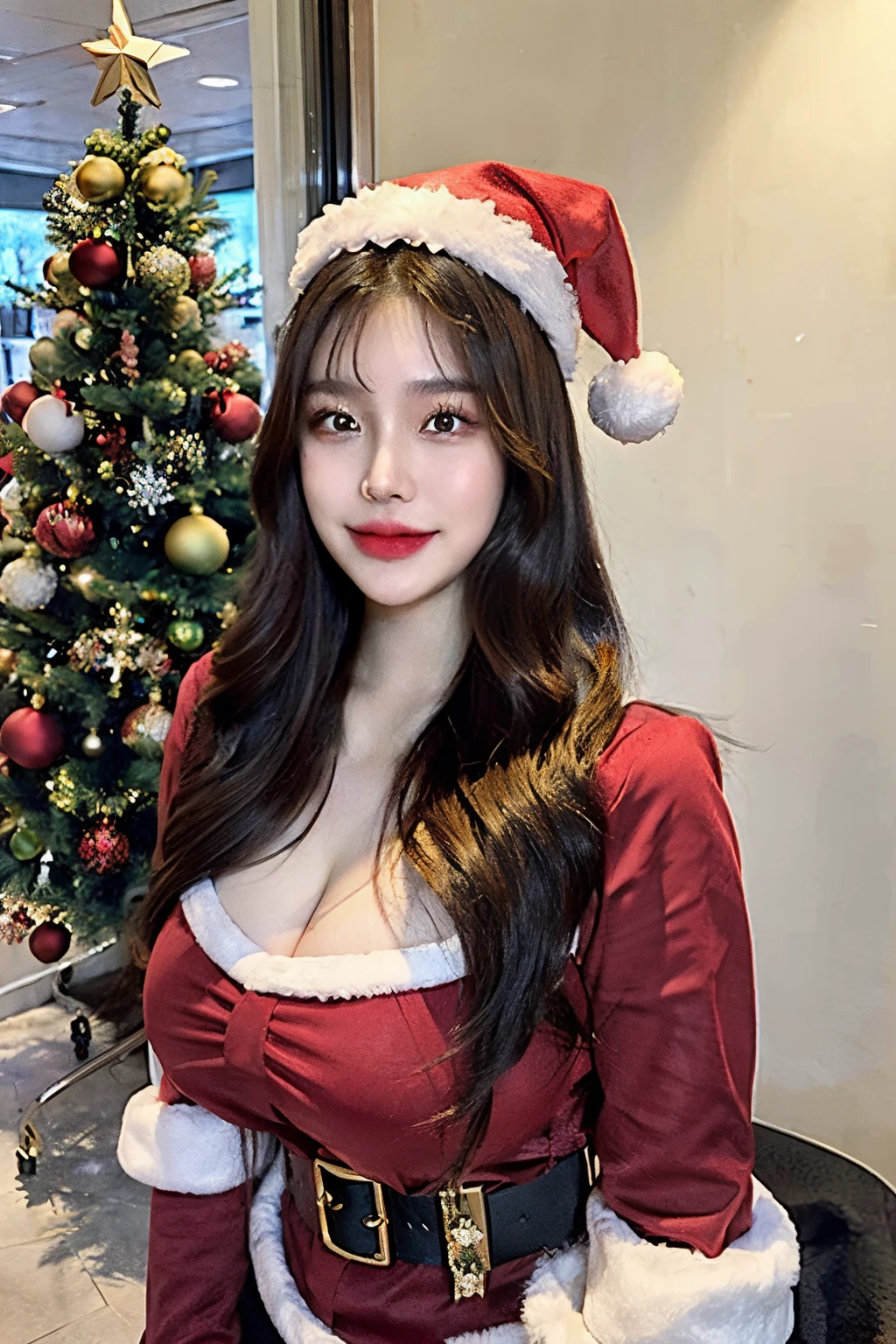 ((Best Quality, 8K, Masterpiece: 1.3)), 1girl, (Hairstyle Casual, Big Breasts: 1.2), , Super Fine Face, Delicate Eyes, Double Eyelids, Smile, Masterpiece,Raw photo, full body shoot, chubby girl,photography, details,araffe with a santa clause and a christmas tree, 🤬 🤮 💕 🎀, wearing festive clothing, 🕹️ 😎 🔫 🤖 🚬, wearing a santa hat, wearing santa hat, by Julia Pishtar, young woman with antlers, brandon woelfel, christmas night, 1614572159, unknown artist, Christmas Party, lightings, details skin, posting, photo shooting,4K,8K, high quality, full body shoot, photography, Beautiful Christmas Party background