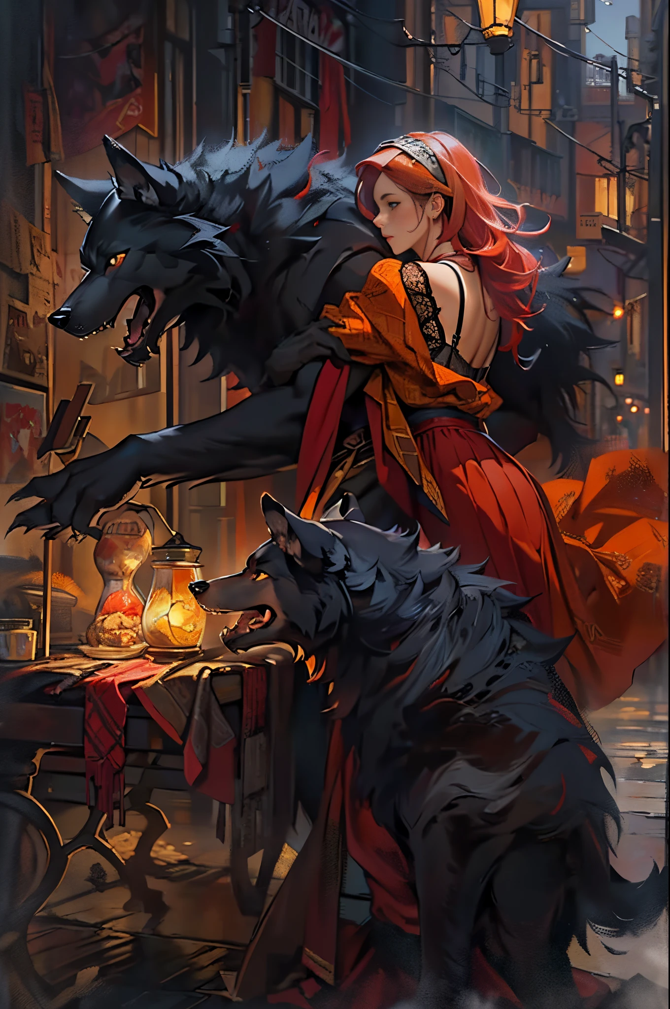 Depicts a powerful werewolf hugging a blonde girl，(((black humanoid wolf)))，(((Black furry humanoid wolf)))，(((beautiful sexy girl)))，(((Girls wear：red head band, cloaks, Large bra, a skirt, red long skirt，laced dress)))，((Sexual suggestiveness))，Correct anatomy，Detailed faces, 詳細な目，(((the right proportions)))，The city at night，The lights came on，romantic love story，Warm pictures，Warm color palette，(post impressionist),(Fechin Oil Painting - Fechin Oil Painting , oil painted), 002