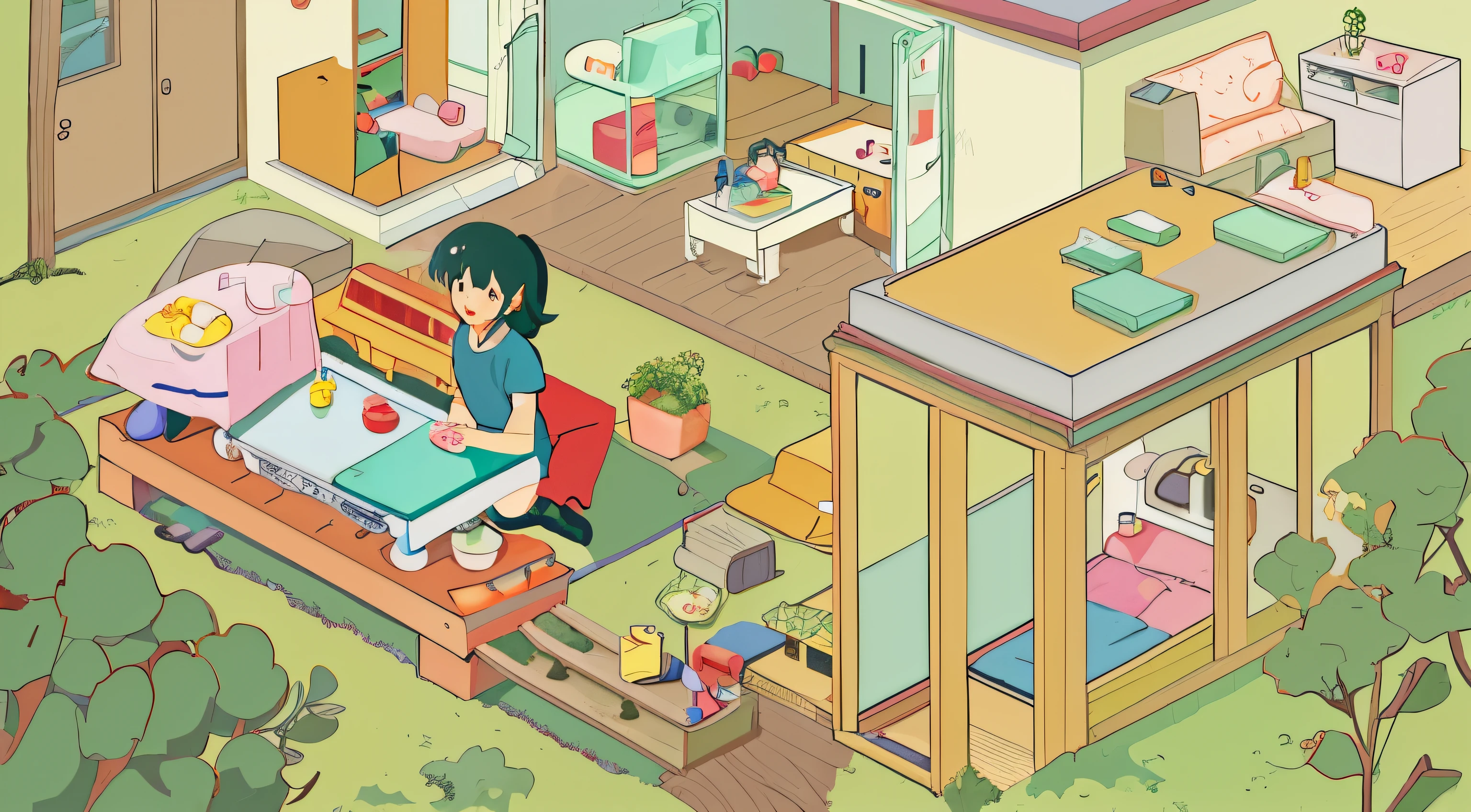 Cartoon illustration of family living in house with animals and cars, praise, lofi art, japanese animation style, Japan cartoon style, Lopfe art style, lofi feel, everyday, Yu Ruying, Lo-Fi illustration style, anime jade camping, Loepfe hip hop, love color, lofi aesthetics, Animated illustration style
