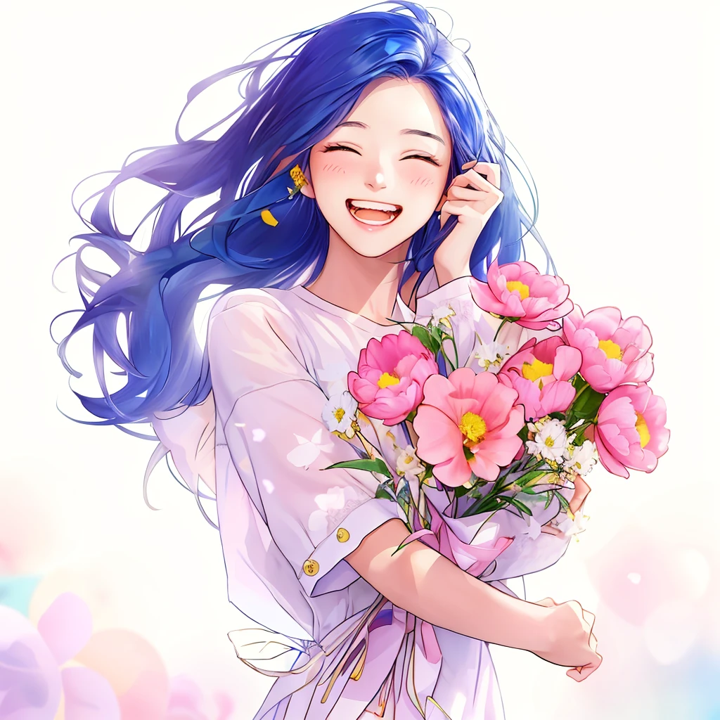 Anime girl holding flowers in her hand,With a smile on his face, With flowers, Guviz, she expressing joy, beautiful and smiling, laughing sweetly, Lovely smile, with a beautiful smile, Middle Metaverse, by Yang J, happy and spirited expression, and she smiling,Very happy, Guviz-style artwork, colorful