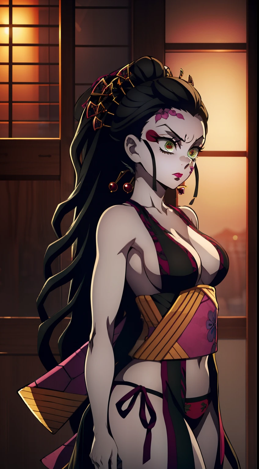 One Demon Girl, is looking at the camera, Beautiful waist, Hands Behind Your Back, Keeps his hands behind his back, sexy japanese clothes, Japanese style clothes, demon geisha, beautiful body is completely visible, Masterpiece, Best Quality, in full height (Body Full 1.1.), Beautiful waist, nice feet, hiquality, Highly detailed face, Depth of field, HDR, Very detailed, Ray Tracing, full - body, Dark Fantasy, Demon Tattoo, Ultra Beautiful, lovely small breasts., 1girl, 独奏, looking a viewer, black hair, hair ornament, Jewelry, closed mouth, Green eyes, Yellow eyes, japanese clothes, kimono, makeup, lipstick, slit pupils, glowing eyes, angry, red-lips, hair stick