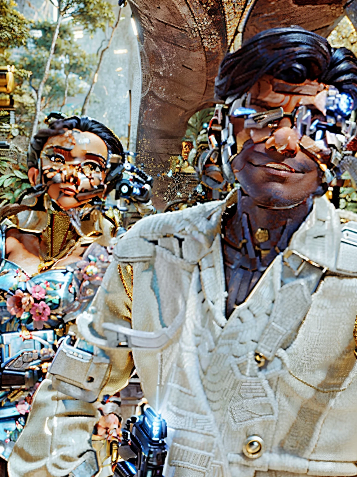 araffe woman in a gold dress standing in a hallway, movie still of a villain cyborg, jacky tsai style, human soldiers, pistols, inspired by Tang Sin Yun Sandara, shot on anamorphic lenses, syndicate(2012), rendering of beauty pageant, library of babel, blond ltd, golden silver elements, holding a gun --ar 16:9