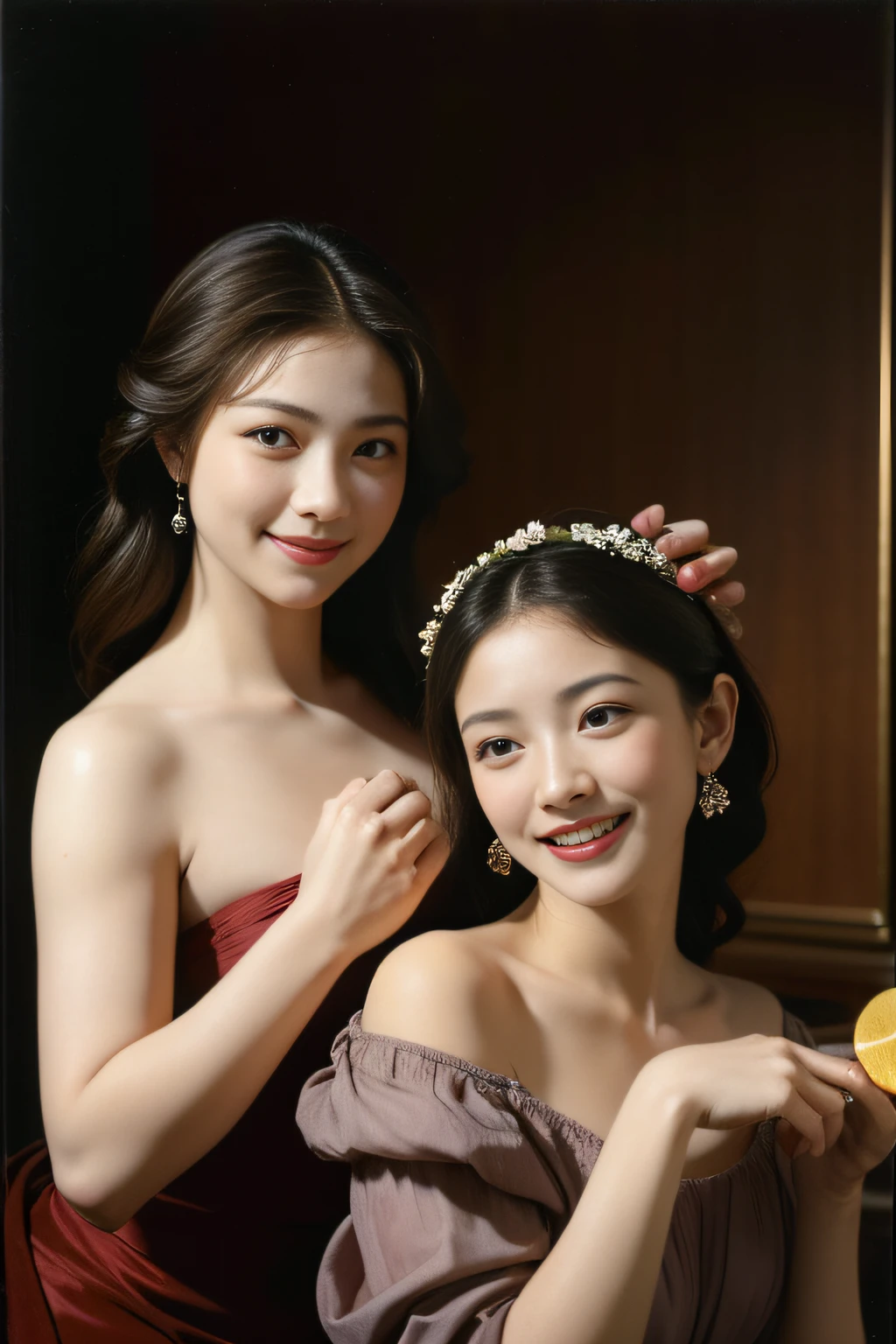 fruits,grapes,Rosa,antique,A smile,,Sweet and seductive look.、Caravaggio's paintings、Chiaroscuro of Caravaggio,Two women frolicking,cute smile, expression of ecstas
