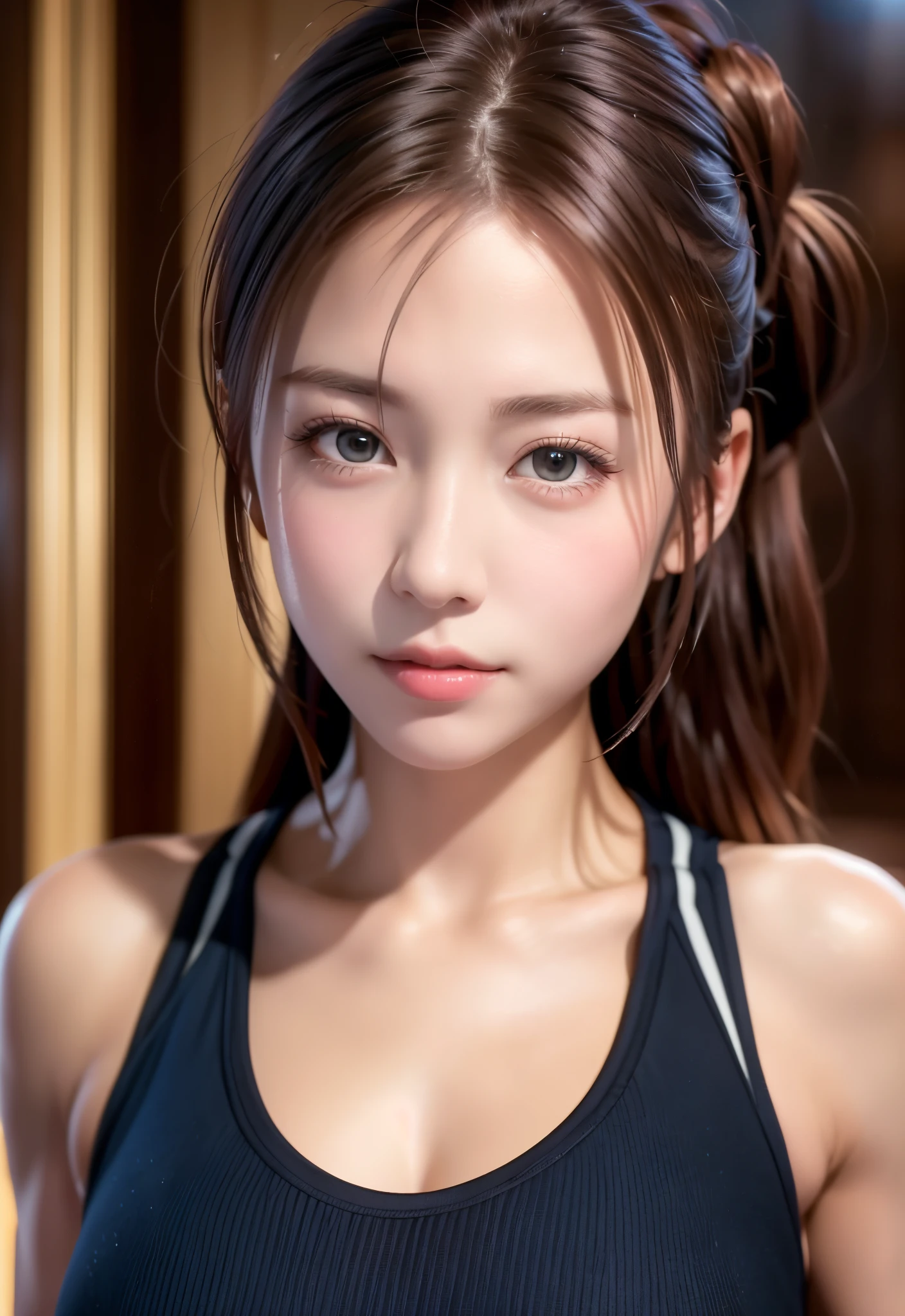 8K, of the highest quality, masutepiece:1.2), (Realistic, Photorealsitic:1.37), of the highest quality, masutepiece, Beautiful young woman, Pensive expression,、A charming、and an inviting look, Sportsbra、sports gym、 Hair tied back, Cinematic background, Light skin tone