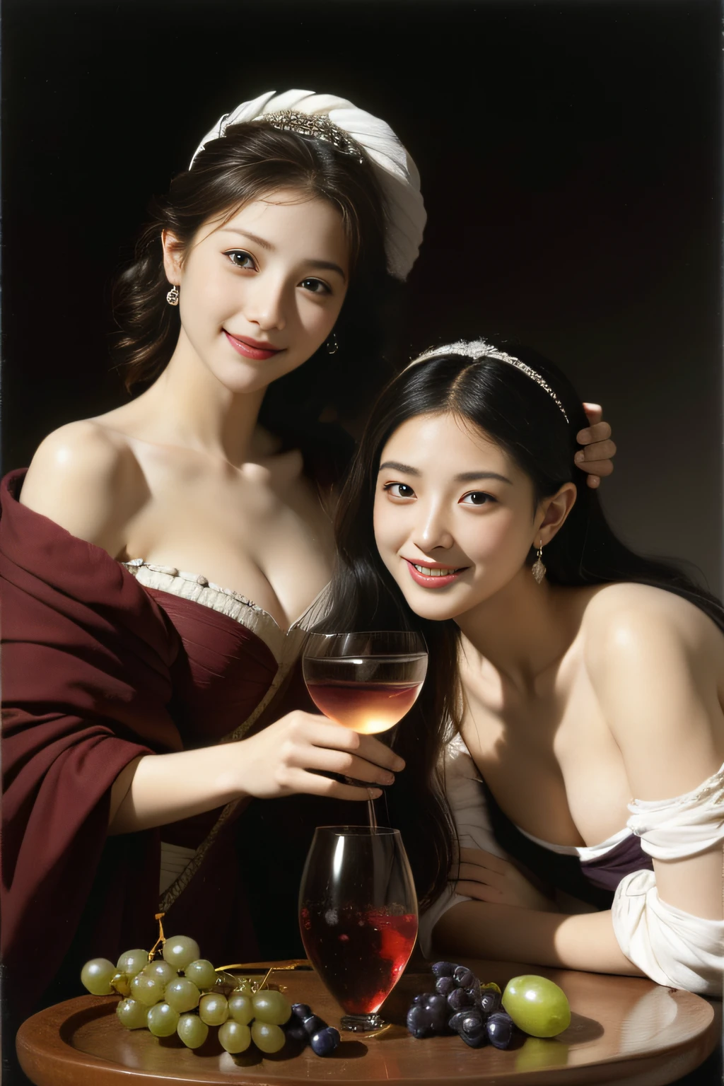 fruits,grapes,Rosa,antique,A smile,,Sweet and seductive look.、Caravaggio's paintings、Chiaroscuro of Caravaggio,Two women frolicking,cute smile, expression of ecstas