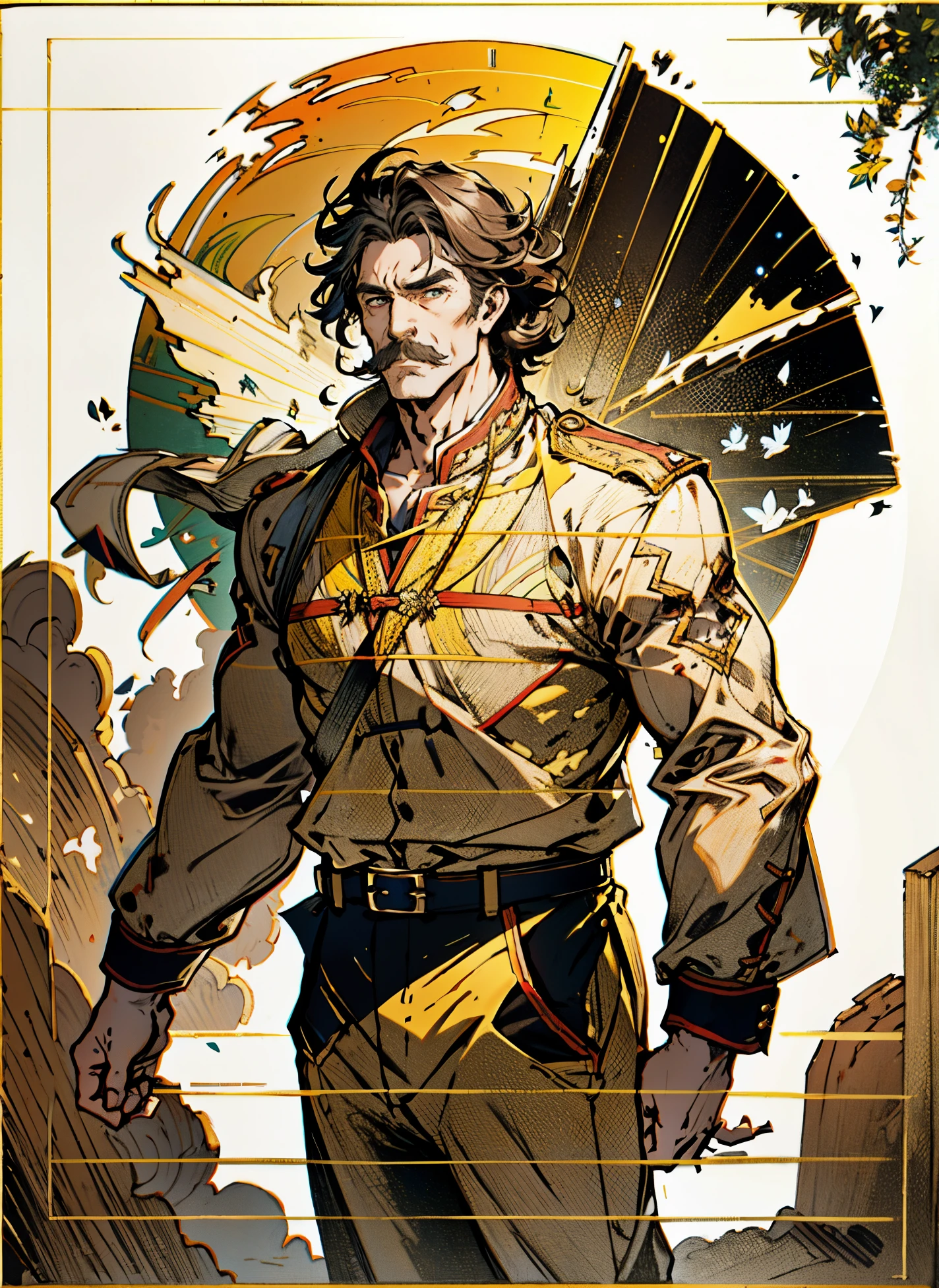 An elderly man, disheveled short hair in a brown-gray hue, approximately 60 years old, a bewildered gaze, quirky expression, wide-open mouth, a small mustache on his chin, a simple brown-yellow traditional Chinese clothing, coarse fabric trousers, the background consists of various artistic-style color blocks interwoven together, this character embodies a finely crafted whimsical fantasy-style in anime style, exquisite and mature manga art style, high definition, best quality, highres, ultra-detailed, ultra-fine painting, extremely delicate, professional, anatomically correct, symmetrical face, extremely detailed eyes and face, high quality eyes, creativity, RAW photo, UHD, 8k, Natural light, cinematic lighting, masterpiece-anatomy-perfect, masterpiece:1.5