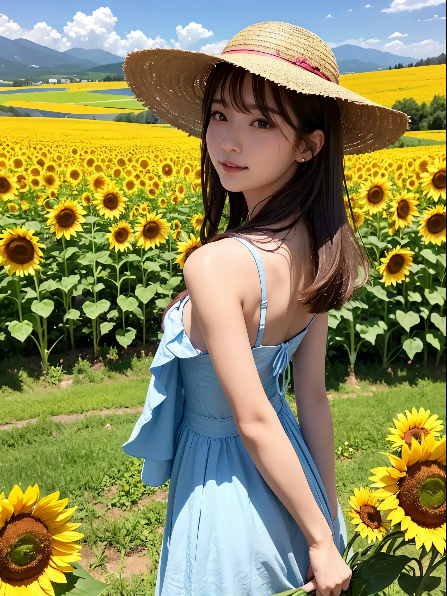 超A high resolution、An ultra-high picture quality、8K、Detailed details、marvelous expression、alpine basin countryside、Sunflowers blooming on fallow land、There are so many flowers blooming that they fill the rice field....、A girl standing alone in a sunflower field facing backwards、pink dress and straw hat、put your hand on the hat、Wonderful blue sky without a cloud、