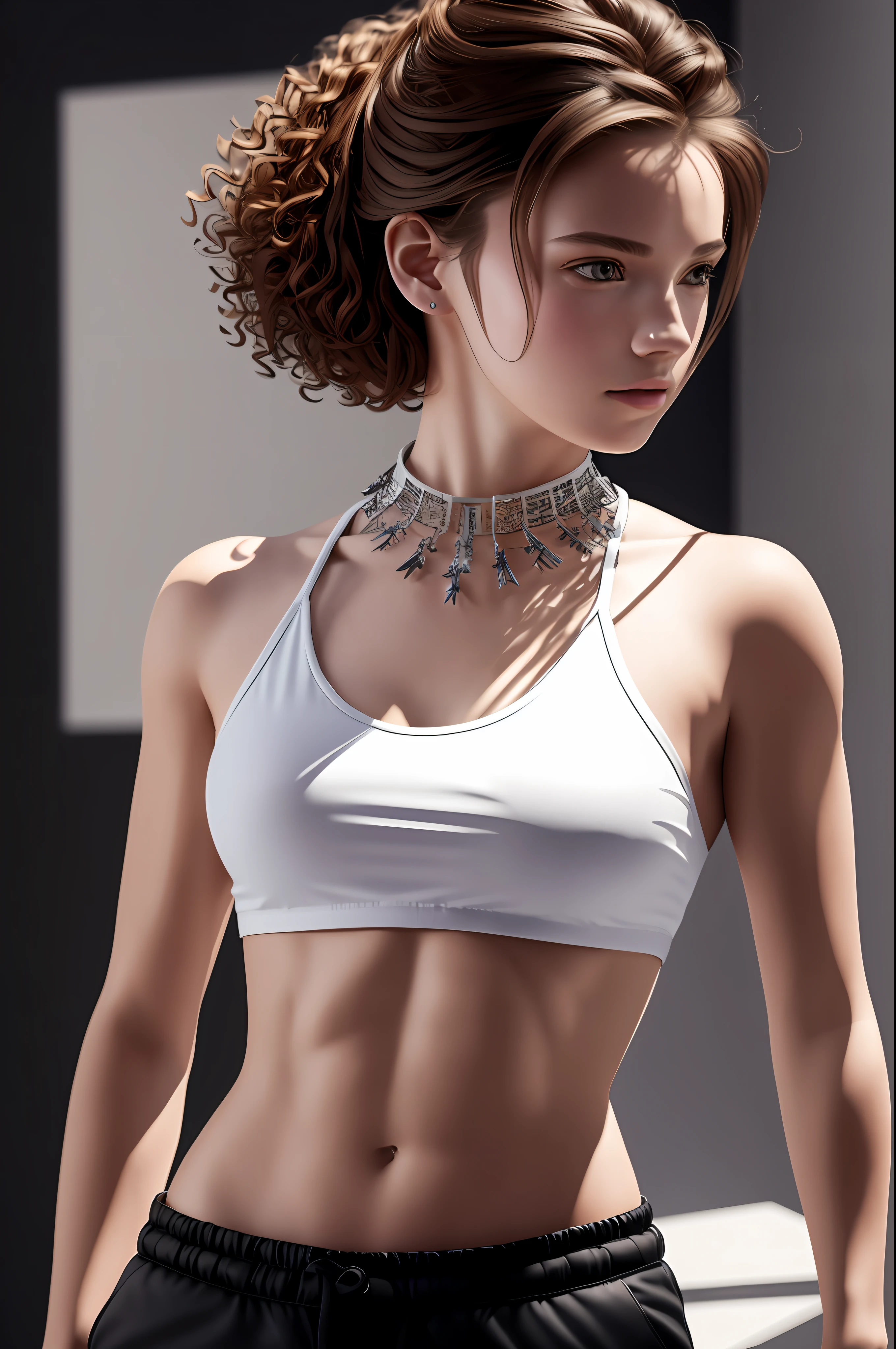 ((medium bust, tomboy, small head)), (abs cut: 1.1), (perfect body: 1.1), (short curly hair: 1.2), auburn hair, collar, chain, full body, workout, sweat, femboy, futa (shorts)), (very detailed CG 8k wallpaper), (extremely delicate and beautiful), (masterpiece), (best quality: 1.0), (ultra high resolution: 1.0), beautiful lighting, perfect lightning, Realistic shadows, [high resolution], detailed skin, super detail ((color))
