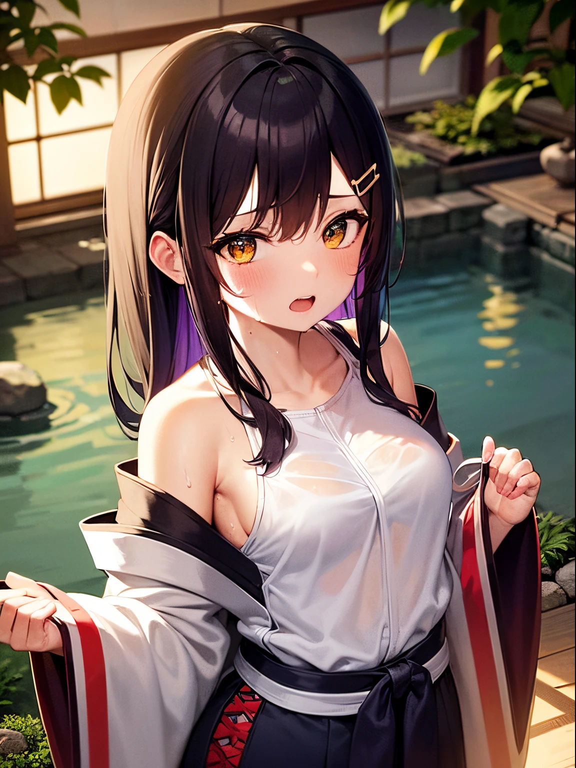 ((masterpiece,best quality anime,Highest quality:1.3)),realistic,cowboy shot,(25 year old beauty),Female ninja、1woman,独奏,((very small head:1.4)),((very long body:1.3)),black hair,bangs,(long ponytail hair),gorgeous big eyes,black eyes,smile,((tan skin:1.4)),((slender body:1.3,skinny)),medium breasts,gleaming skin,shiny skin,((Black kimono、Black obi for a kimono、Sleeveless、Side slits、Black mini skirt)),standing,Domestic、Temple、
