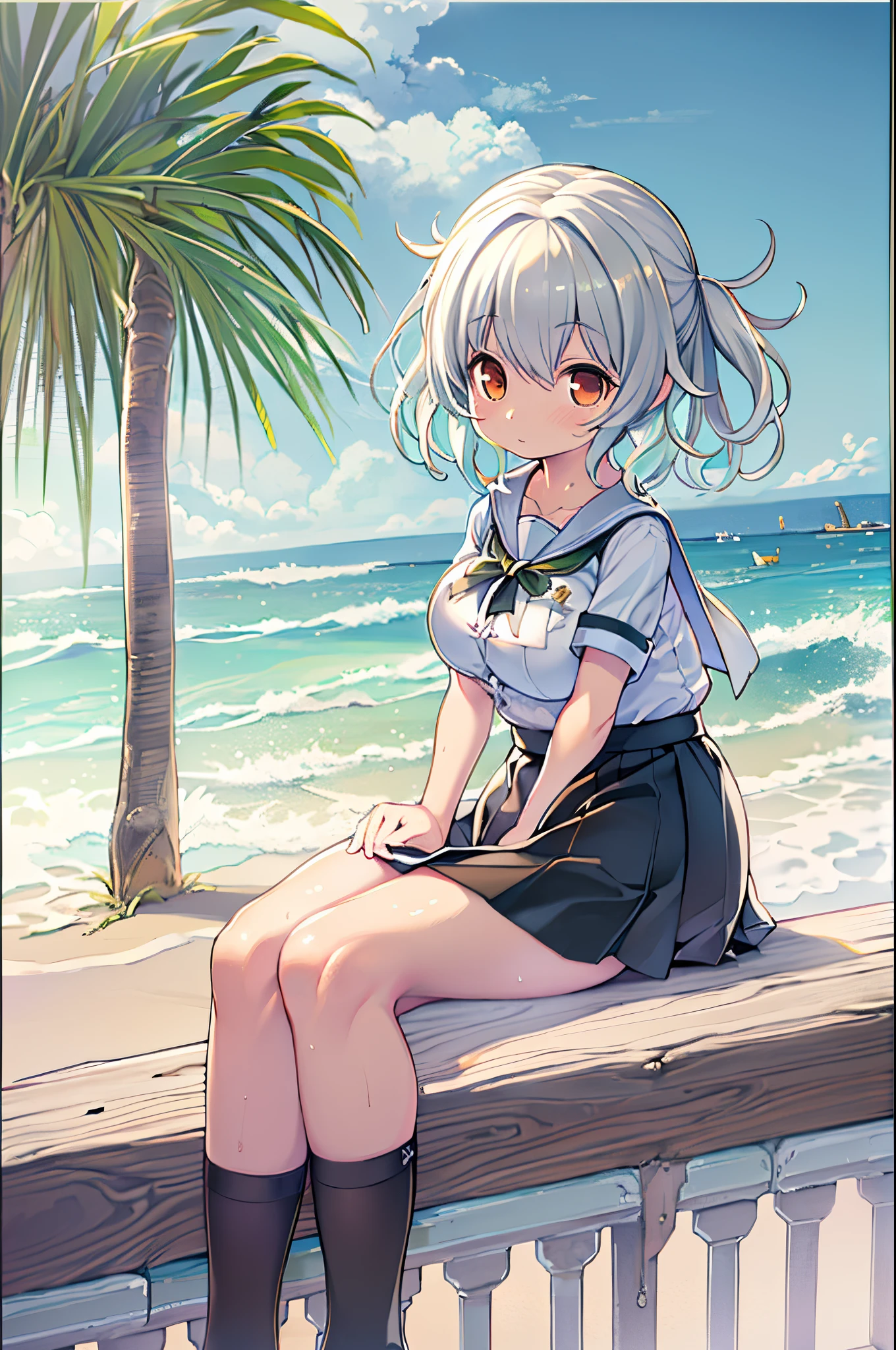 ((masutepiece)), ((Best Quality)), ((hight resolution)), ((the Extremely Detailed CG Unity 8K Wallpapers)), Solo, Tachibana plays, Tan School Uniform, Black skirt, White socks, Outdoors, Face, curtained hair, Beach, parted hair, Silver hair,huge-breasted