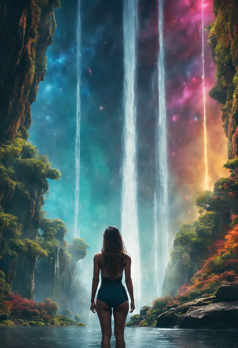 Cosmic cities in the distance, a tall girl figure facing forward and looking into the distance colors and space. lifestyle photography, candid, realistic, epic realism, cinematic, epic realism,8K, highly detailed and water falls behind her and more cosmic, movie like