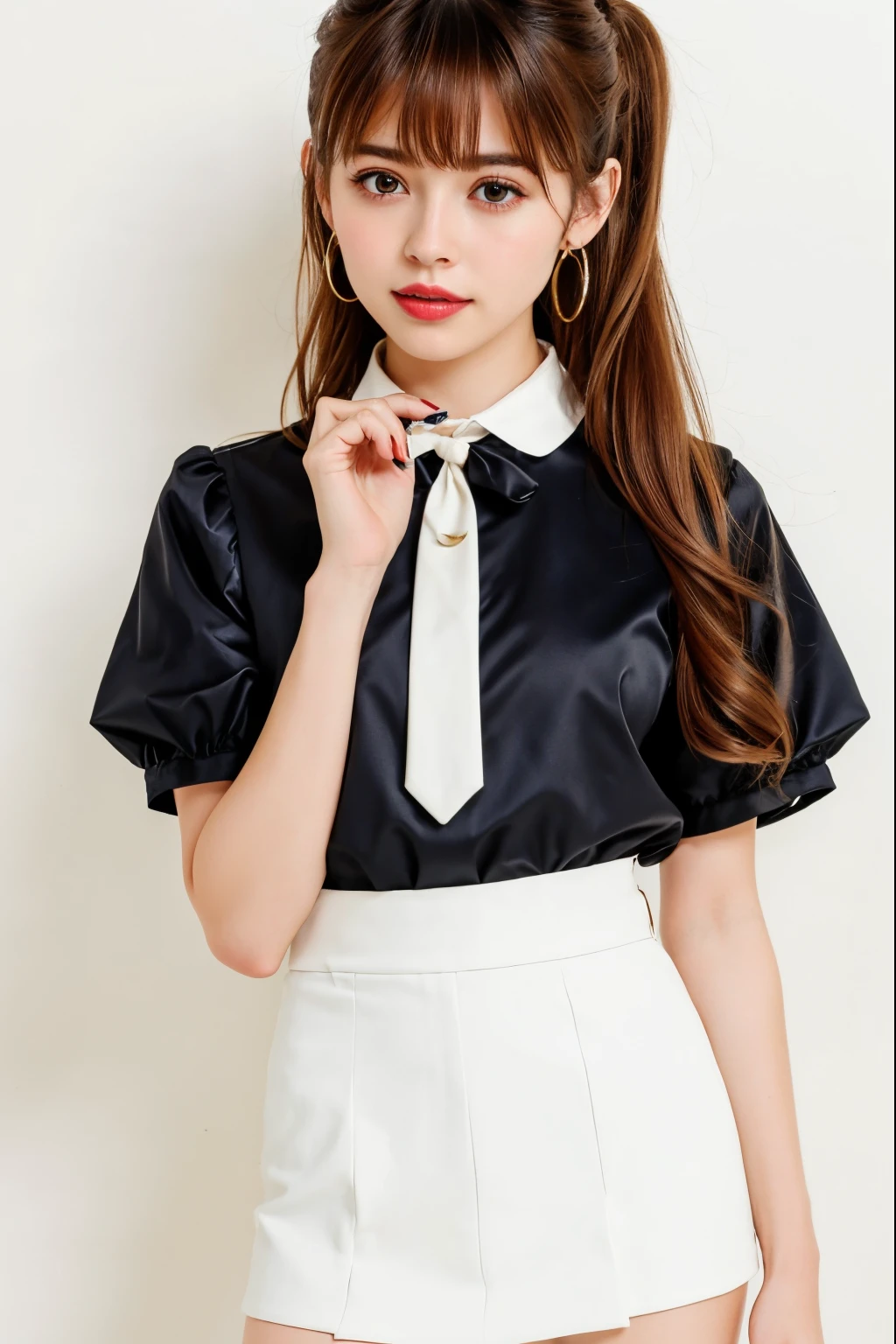 masterpiece, best quality, dynamic pose,full body, 1girl, bangs, black choker, necktie, black hair, pony tail,pink skirt, blush, bracelet, breasts, choker, clothes around waist, bows，collarbone, collared shirt, cowboy shot, lace dress shirt, ear piercing, eyebrows visible through hair, gradient hair, grin, gyaru, jewelry, kogal, long hair, looking at viewer, loose necktie, necktie, piercing, brown eyes, ring, school uniform, shirt, skirt, smile, solo, white shirt, street, sky, cherry blossoms, petals,illustration, (magazine:1.4), (cover-style:1.3), fashionable, woman, vibrant, outfit, posing, front, colorful, dynamic, background, elements, confident, expression, holding, statement, accessory, majestic, coiled, around, touch, scene, text, cover, bold, attention-grabbing, title, stylish, font, catchy, headline, larger, striking, modern, trendy, focus, fashion,