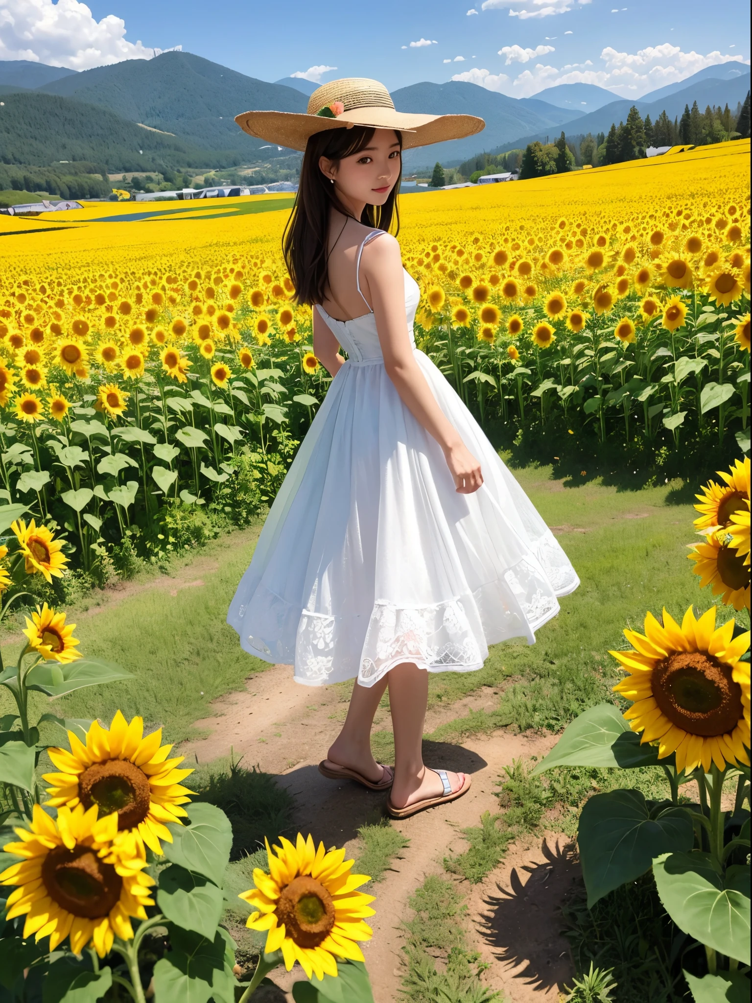 超A high resolution、An ultra-high picture quality、8K、Detailed details、marvelous expression、alpine basin countryside、Sunflowers blooming on fallow land、There are so many flowers blooming that they fill the rice field....、A girl standing alone in a sunflower field facing backwards、pink dress and straw hat、put your hand on the hat、Wonderful blue sky without a cloud、