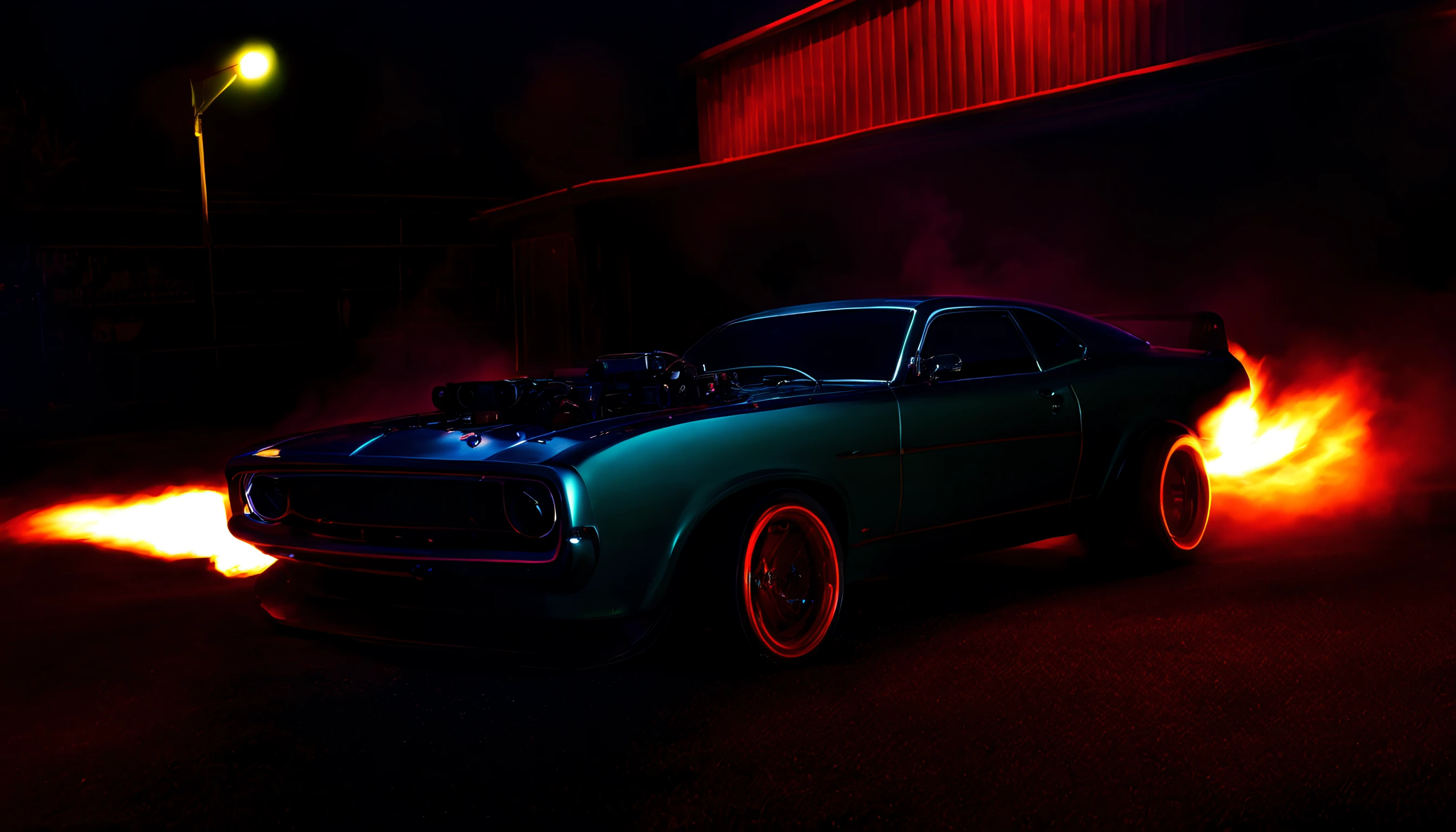 Steam Punk, Rat Rod, Australian Ford Muscle Car XR8 Concept, Neon Night Scene, Burnout blowing smoke.